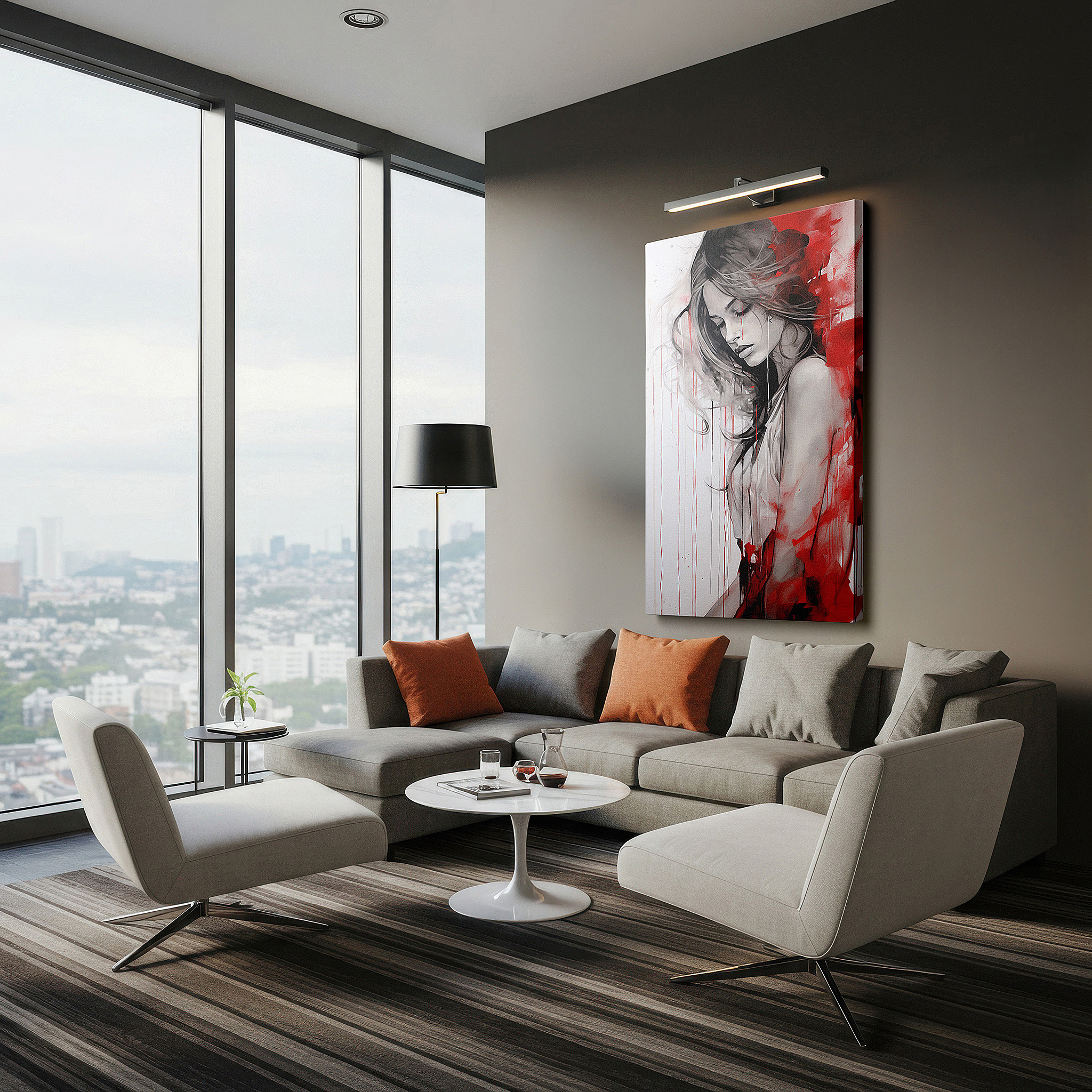 Close-up shows rich pigment, color blending, and brushwork texture — introspective woman against a chaotic red backdrop: exploring emotional complexity and artistic depth - large canvas wall art