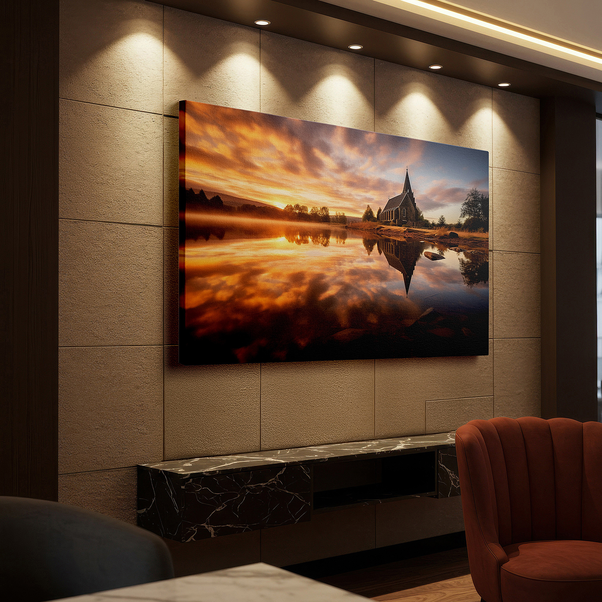 Close-up shows rich pigment, color blending, and brushwork texture — lakeside church sunrise serenity: a harmonious blend of nature and architecture - large canvas wall art for office decor