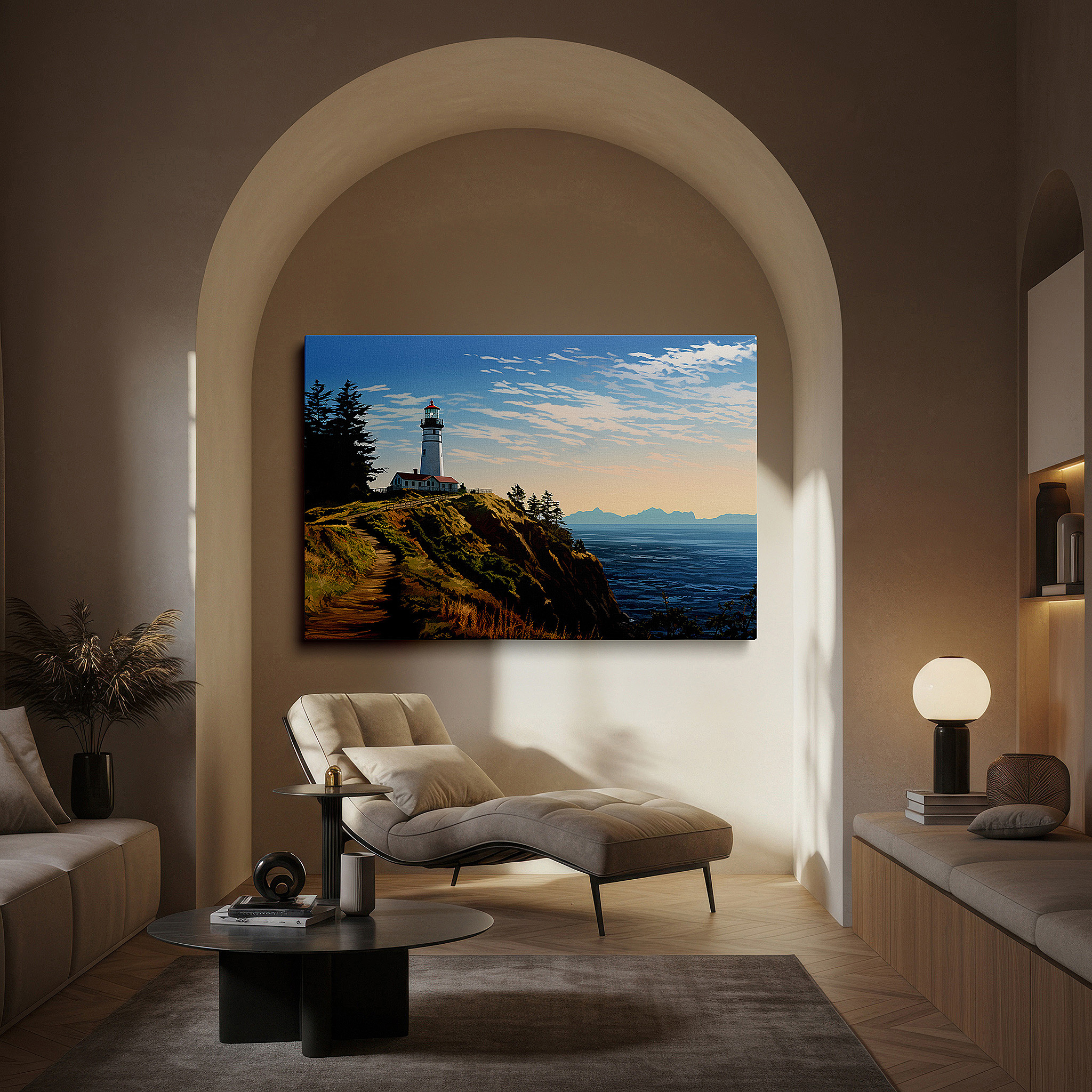 Close-up shows rich pigment, color blending, and brushwork texture — majestic lighthouse on rugged coastline - symbolizing hope and creativity large wall art, canvas wall art, wall decor, office wall art