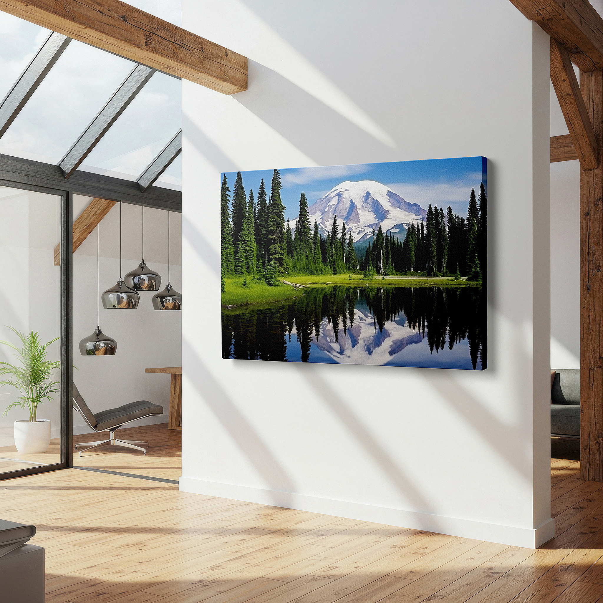 Close-up shows rich pigment, color blending, and brushwork texture — majestic mountain and serene lake reflection surrounded by lush evergreens - large canvas wall art for office and bedroom decor