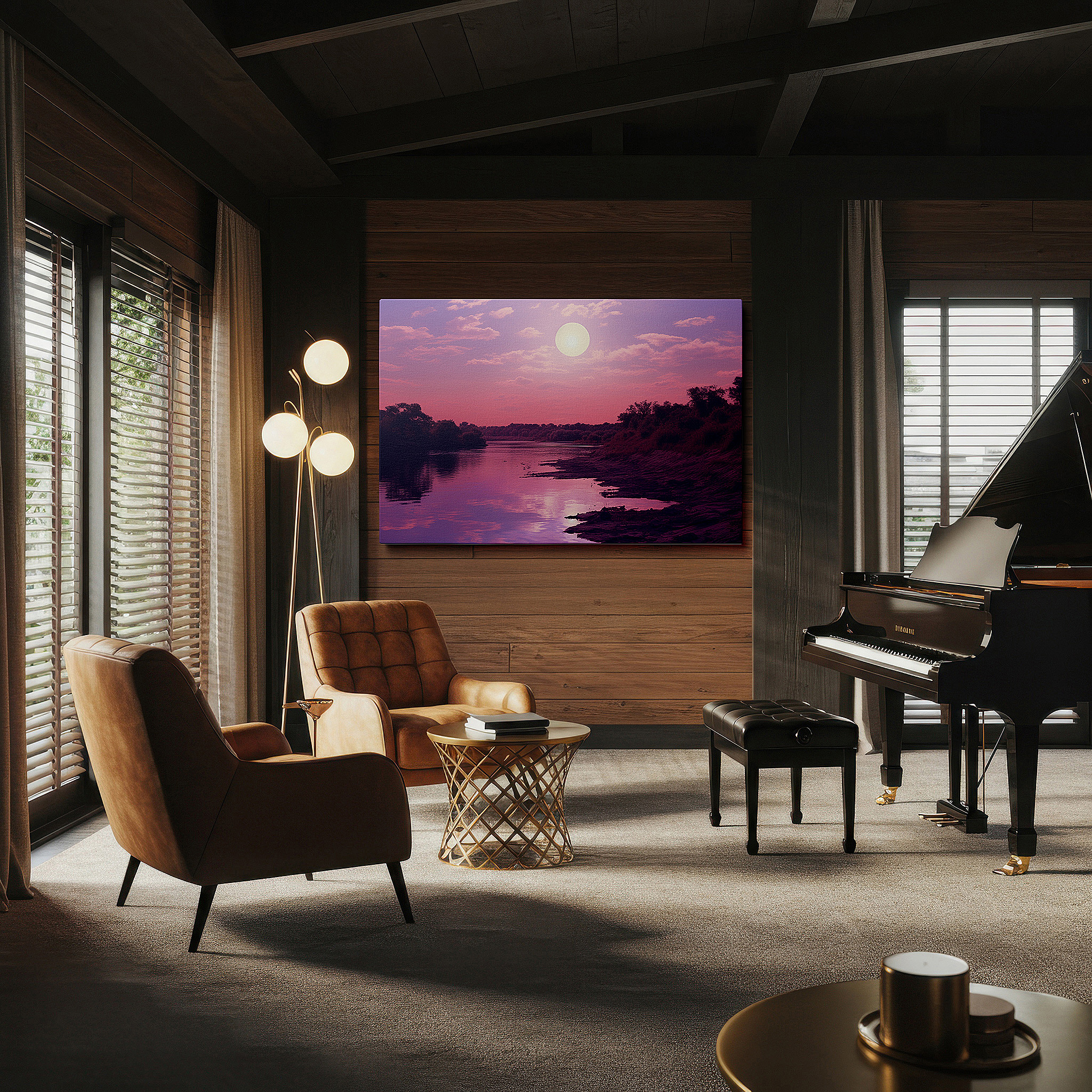 Close-up shows rich pigment, color blending, and brushwork texture — moonlit twilight by the river wall art: large canvas depicting tranquil and mystical river scene for home and office decor