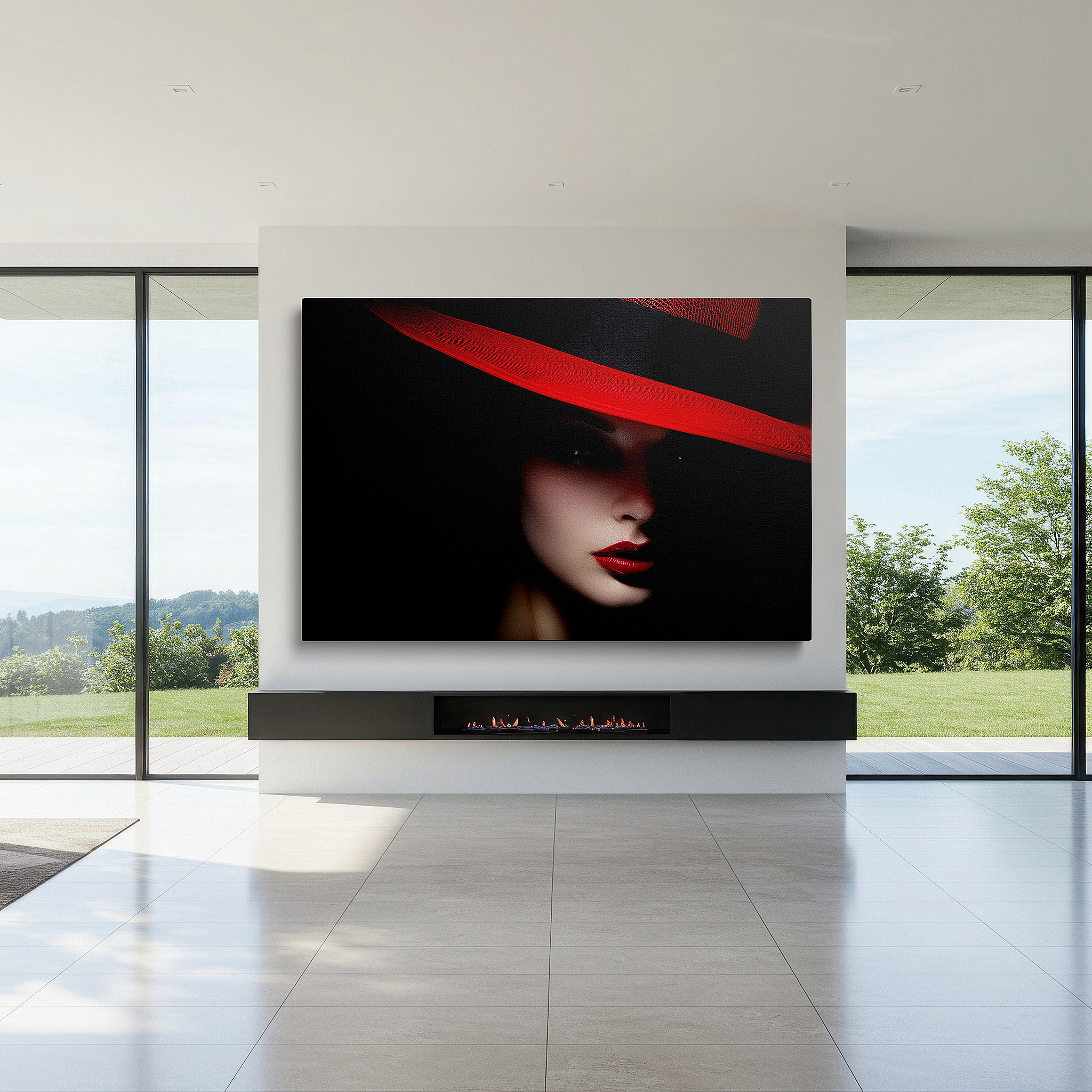 Close-up shows rich pigment, color blending, and brushwork texture — mysterious and alluring portrait with bold red hat and vivid lips - large canvas wall art for office and bedroom decor