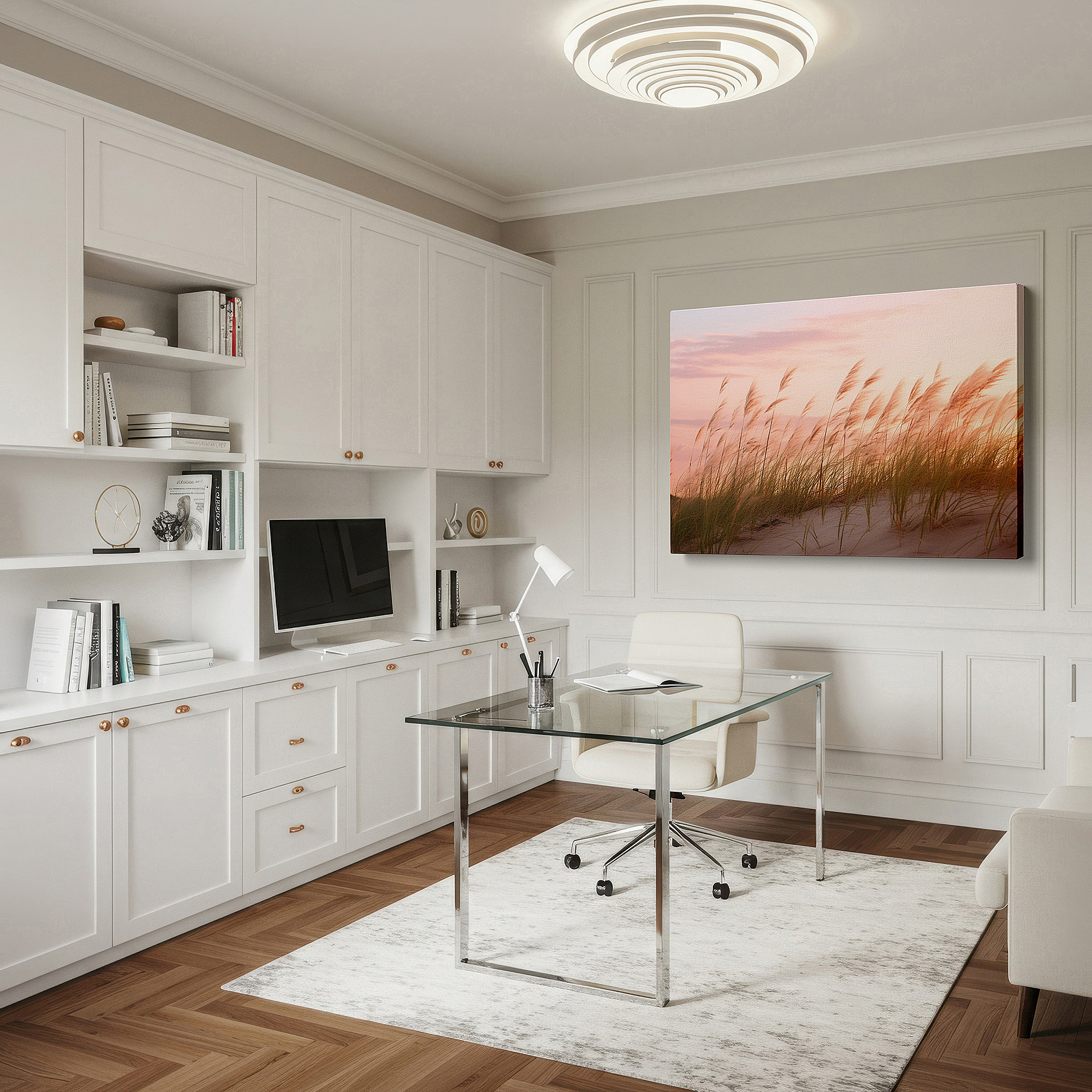 Close-up shows rich pigment, color blending, and brushwork texture — pastel serenity and dancing dune grass large canvas wall art for office, bedroom, and living room decor