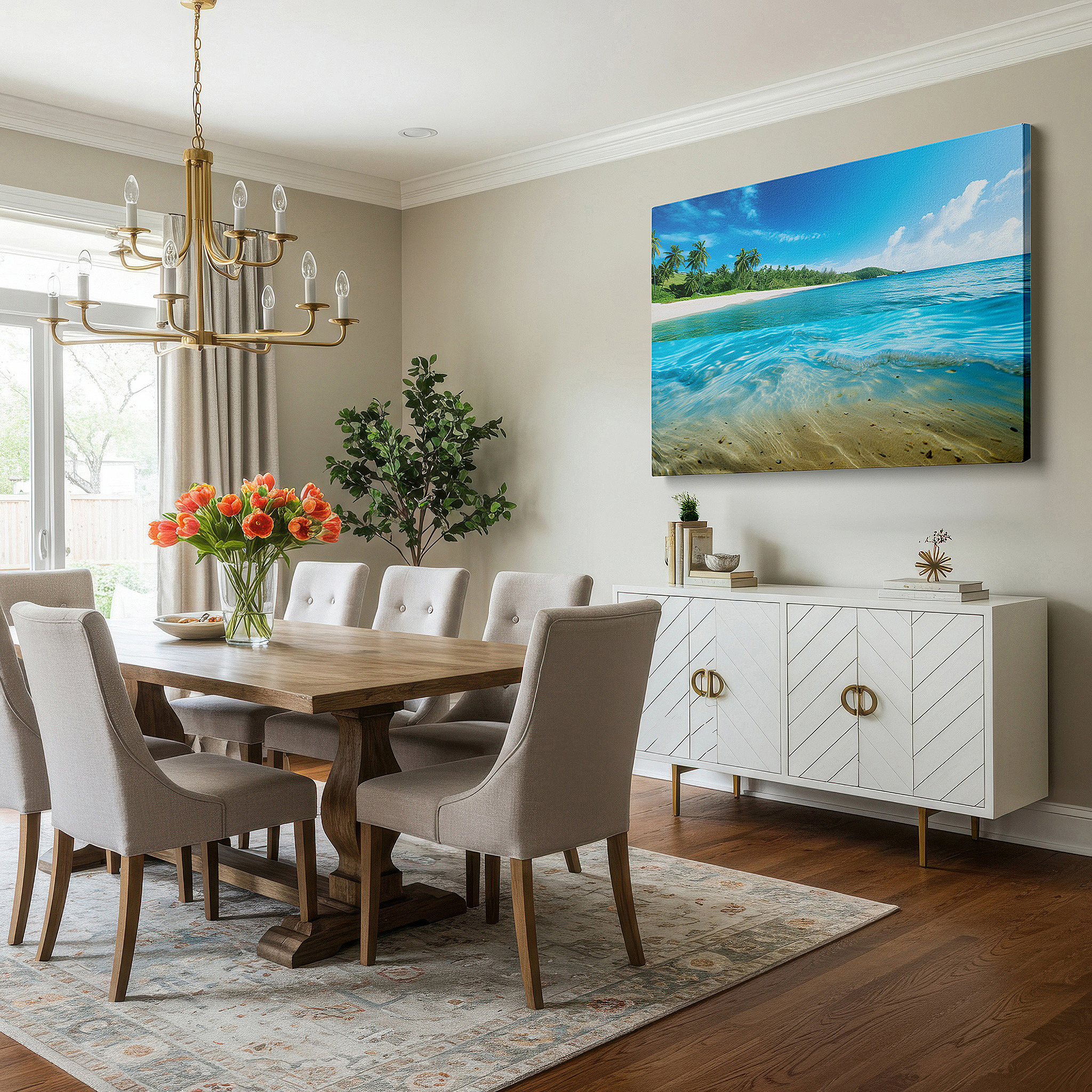 Close-up shows rich pigment, color blending, and brushwork texture — serene beach paradise with lush greenery and calm blue waters large wall art, canvas wall art, wall decor, office wall art