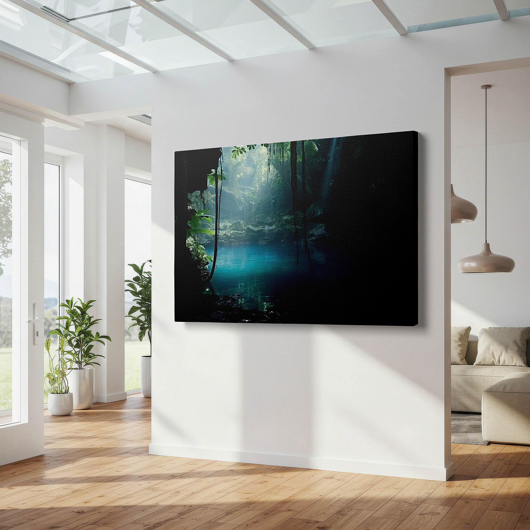 Close-up shows rich pigment, color blending, and brushwork texture — serene cave pool surrounded by verdant greenery and soft light - oversized wall art, canvas print, home and office decor, suitable for living rooms and bedrooms