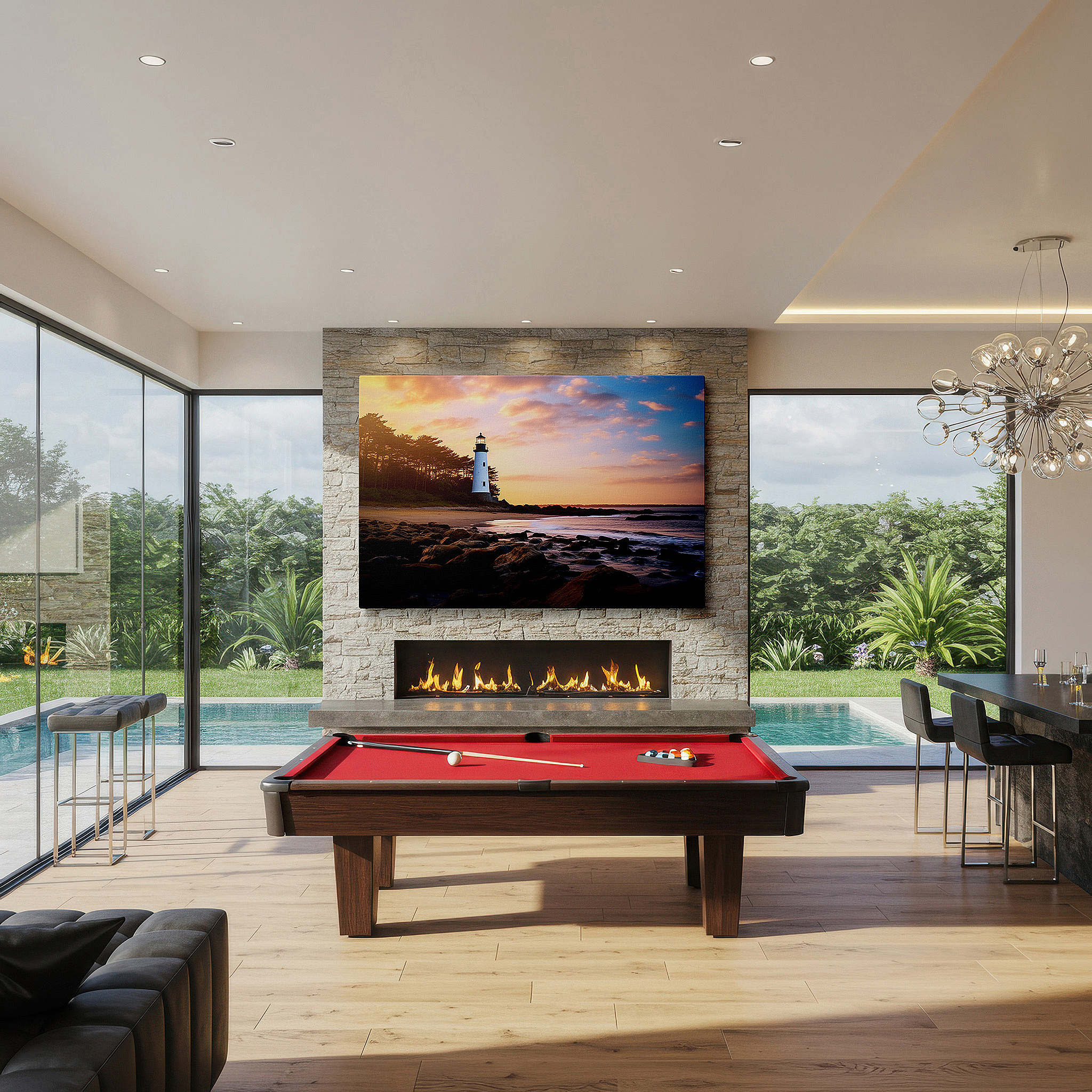 Close-up shows rich pigment, color blending, and brushwork texture — serene coastal lighthouse at sunset: large wall art featuring fiery skies and gentle waves, ideal for office and bedroom decor
