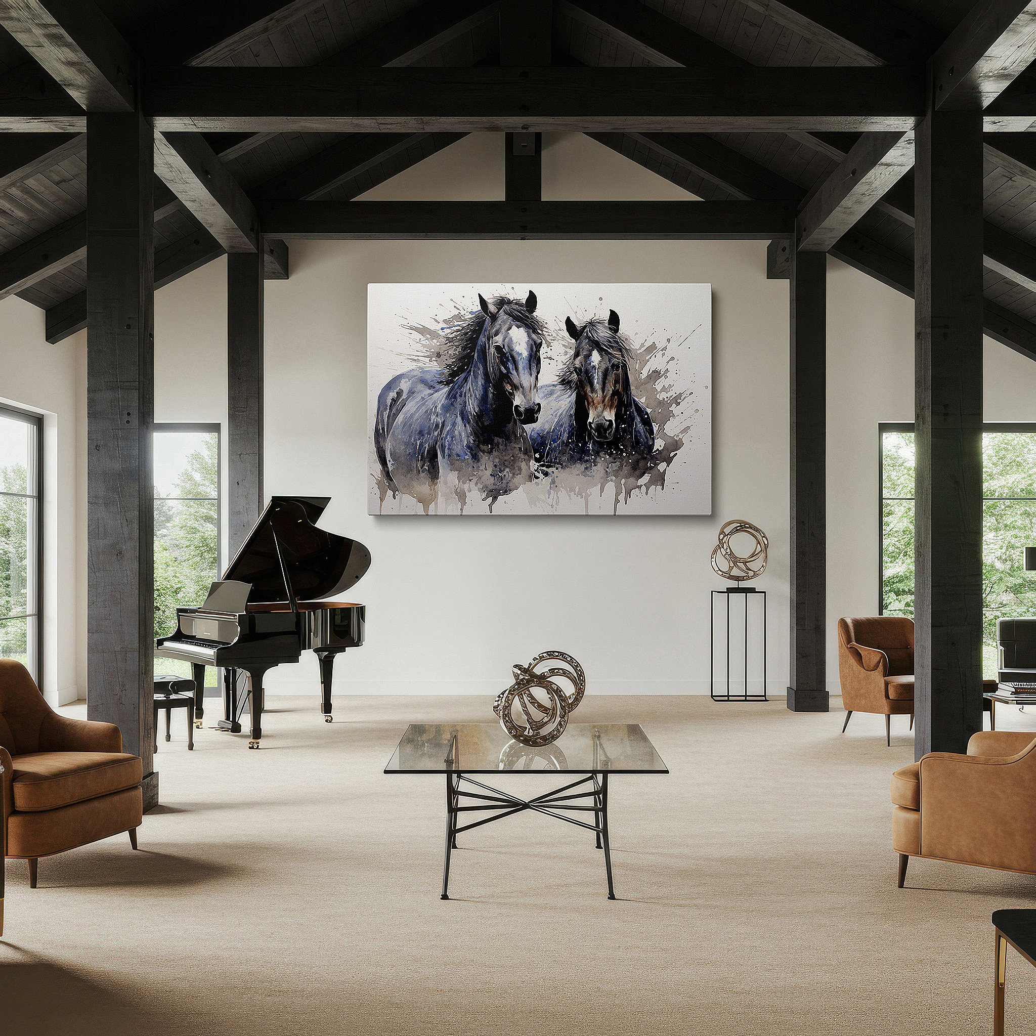 Close-up shows rich pigment, color blending, and brushwork texture — serene gray horses in peaceful harmony: elegant and calm large wall art, canvas wall art, wall decor for office