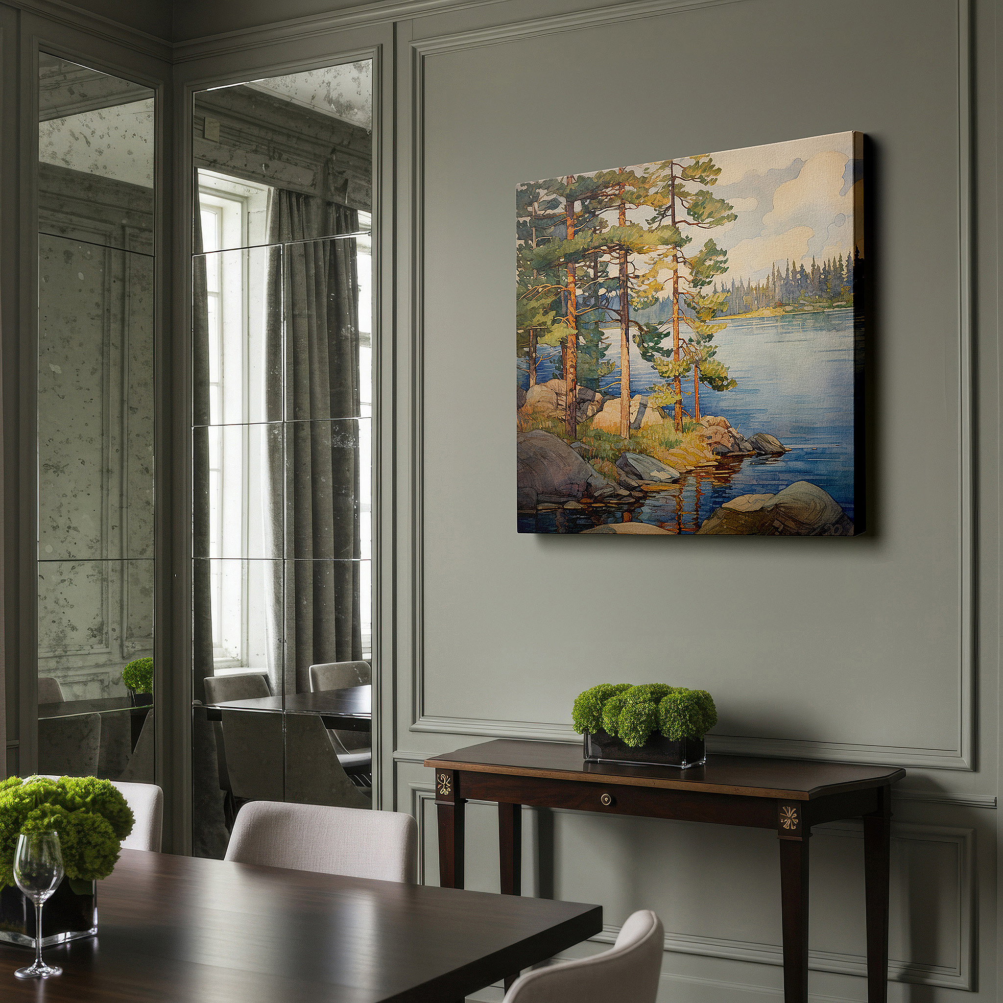 Close-up shows rich pigment, color blending, and brushwork texture — serene lake and towering pines mirroring mountain peaks on calm waters, large canvas wall art for office and bedroom decor