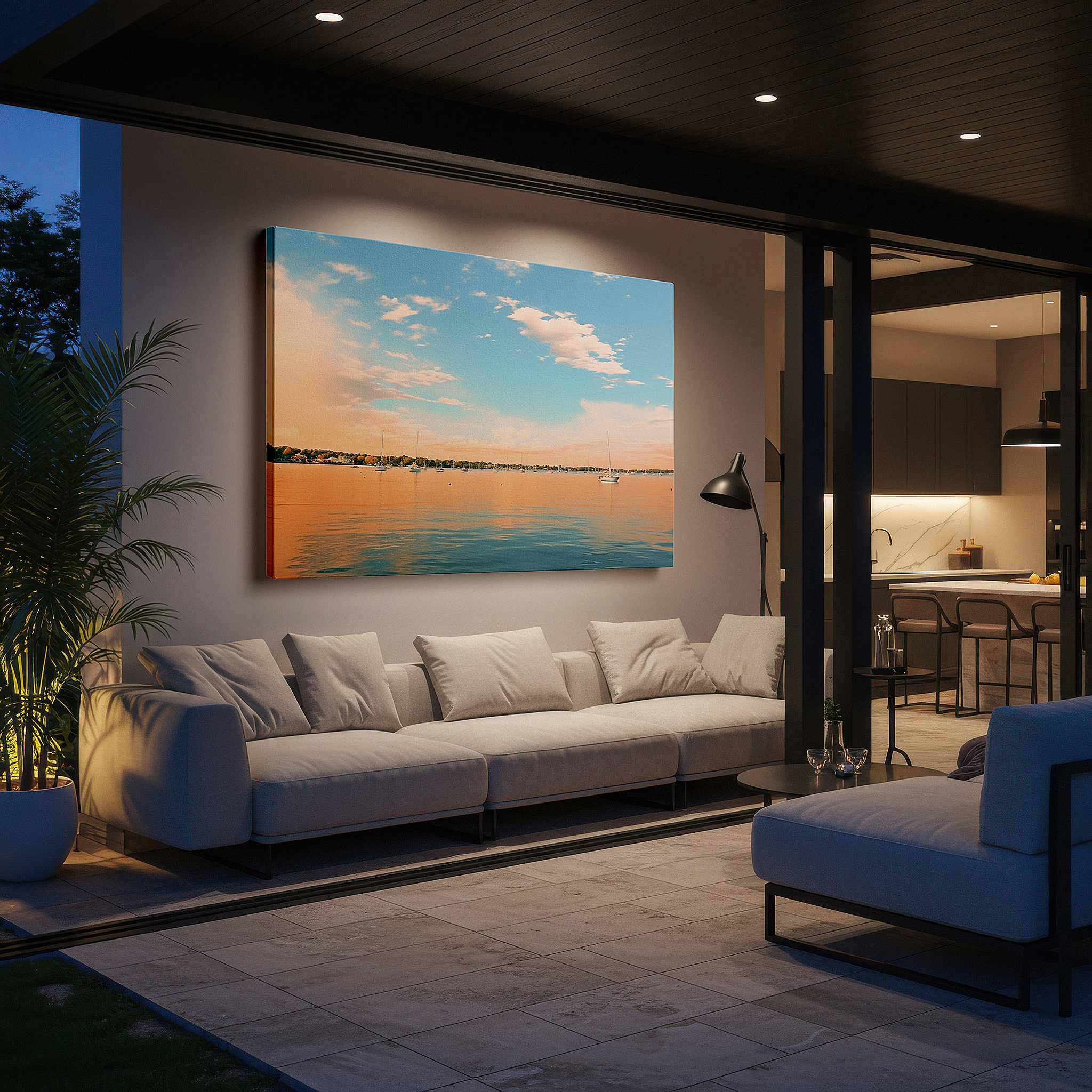Close-up shows rich pigment, color blending, and brushwork texture — serene lakeside sunset featuring boats and reflective waters - large canvas wall art for office and bedroom decor