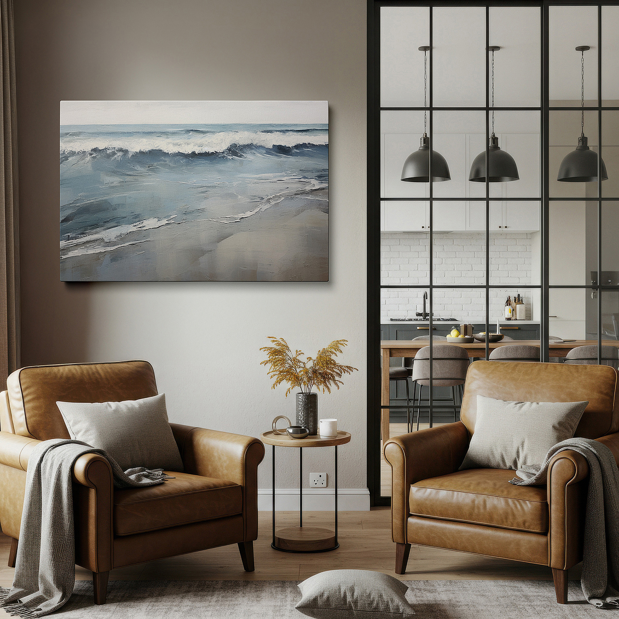 Close-up shows rich pigment, color blending, and brushwork texture — serene ocean view with soft waves and sandy beaches, large canvas wall art for home and office decor
