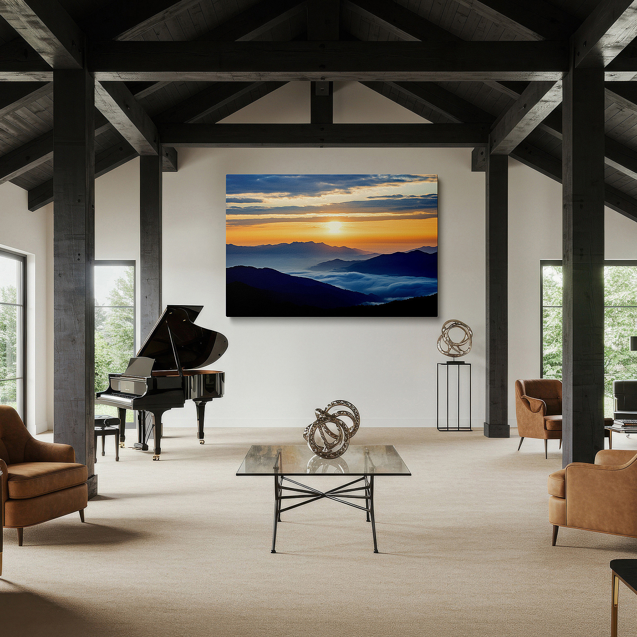 Close-up shows rich pigment, color blending, and brushwork texture — serene sunset over lush mountain valleys: a tranquil golden hour masterpiece - large canvas wall art for office and bedroom decor