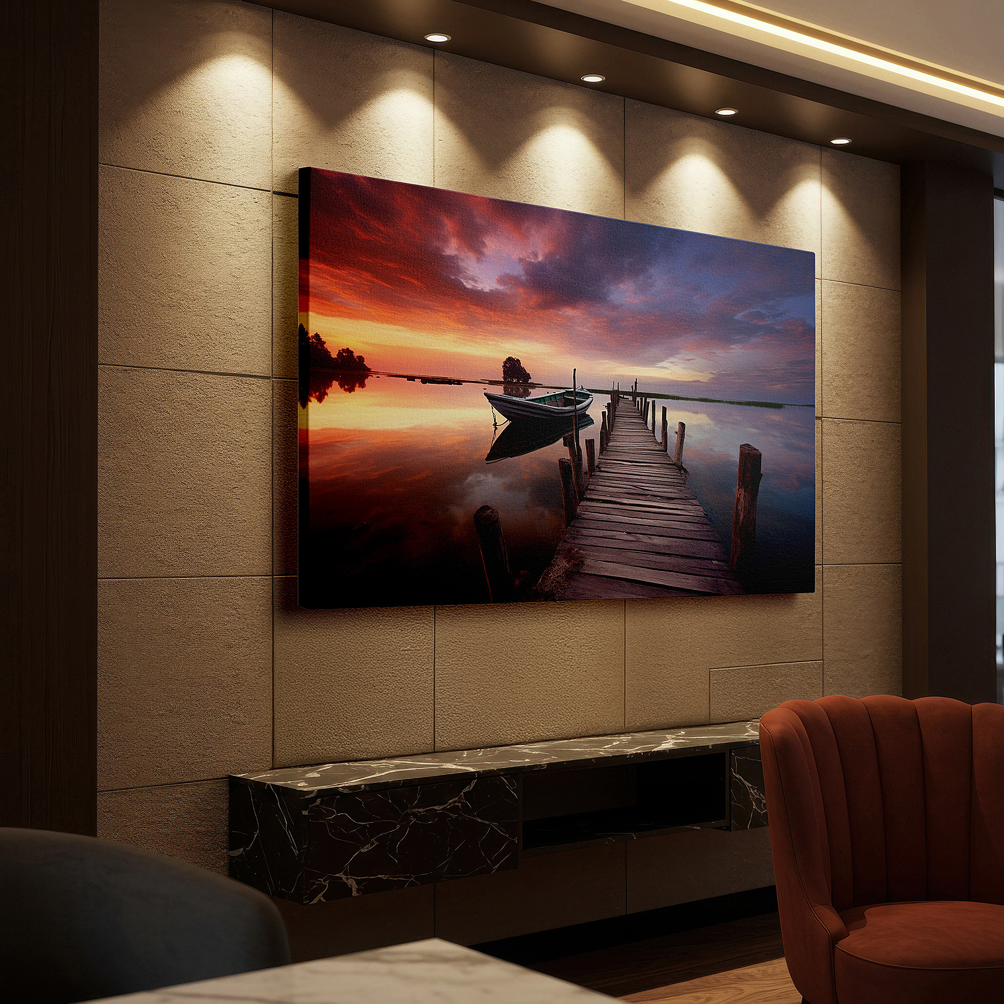 Close-up shows rich pigment, color blending, and brushwork texture — serene sunset over tranquil lake canvas print featuring wooden dock and solitary boat - ideal for office, bedroom, and home decor wall art