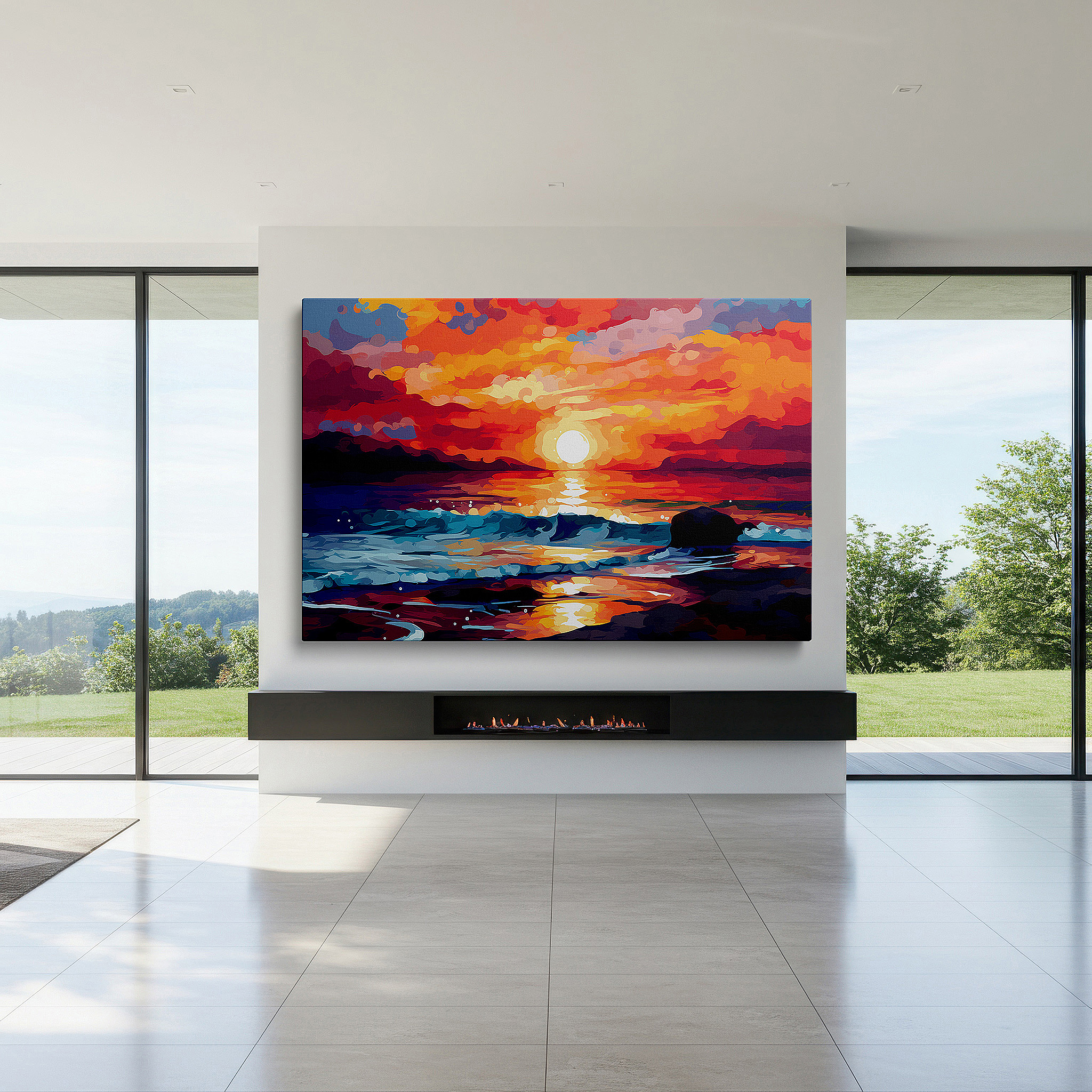 Close-up shows rich pigment, color blending, and brushwork texture — sunset over the ocean: a symphony of fiery hues and tranquil waves - large canvas wall art for office and bedroom decor