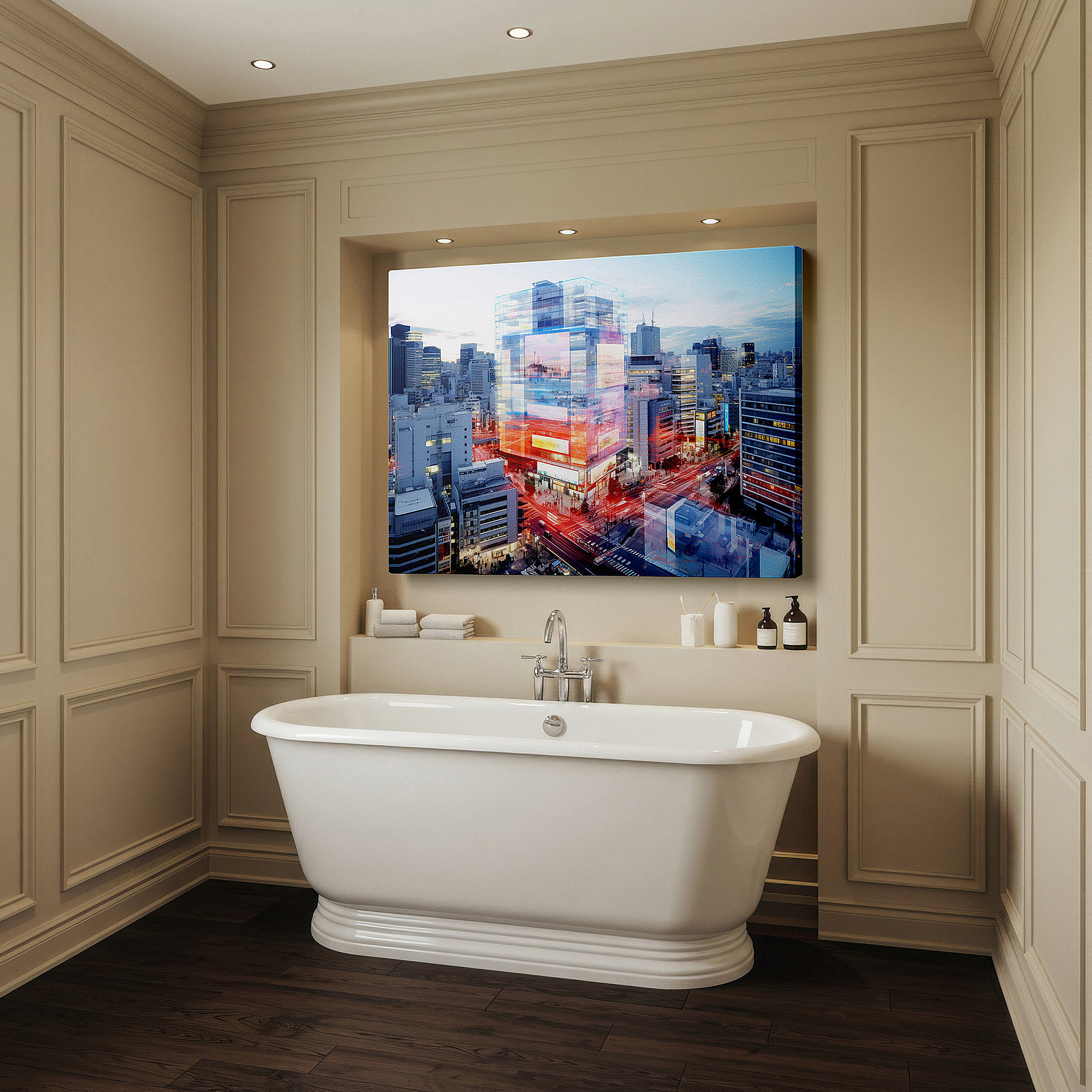 Close-up shows rich pigment, color blending, and brushwork texture — tokyo twilight glow: neon lights and urban pulse - mesmerizing cityscape large wall art, canvas wall art, wall decor for office and bedroom