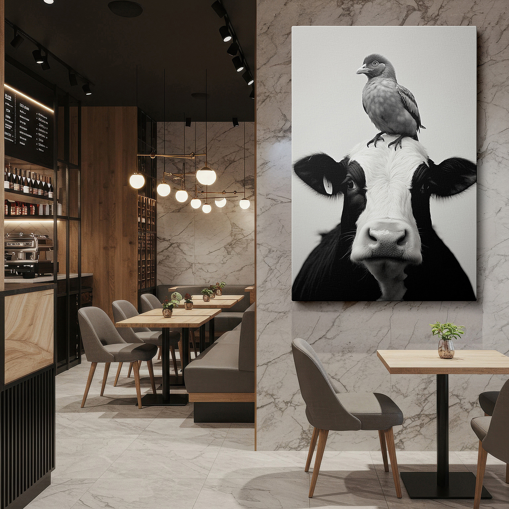 Close-up shows rich pigment, color blending, and brushwork texture — tranquil unity of cow and bird in monochrome harmony: large canvas wall art for office, bedroom, and living room decor
