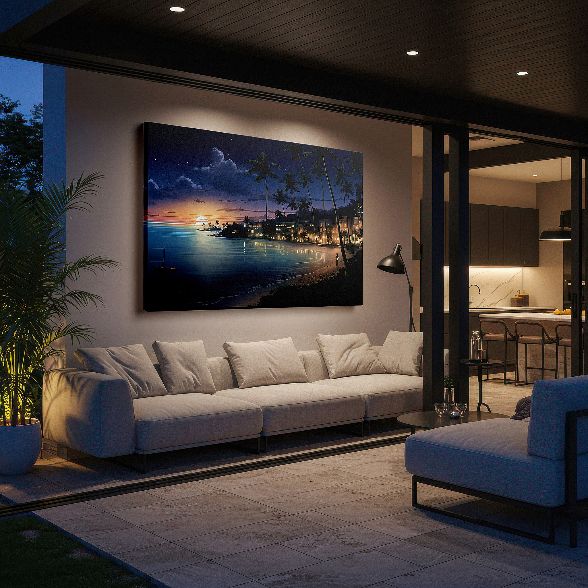 Close-up shows rich pigment, color blending, and brushwork texture — tropical paradise at sunset: serene shoreline retreat with palm silhouettes and vibrant sky - large canvas wall art decor