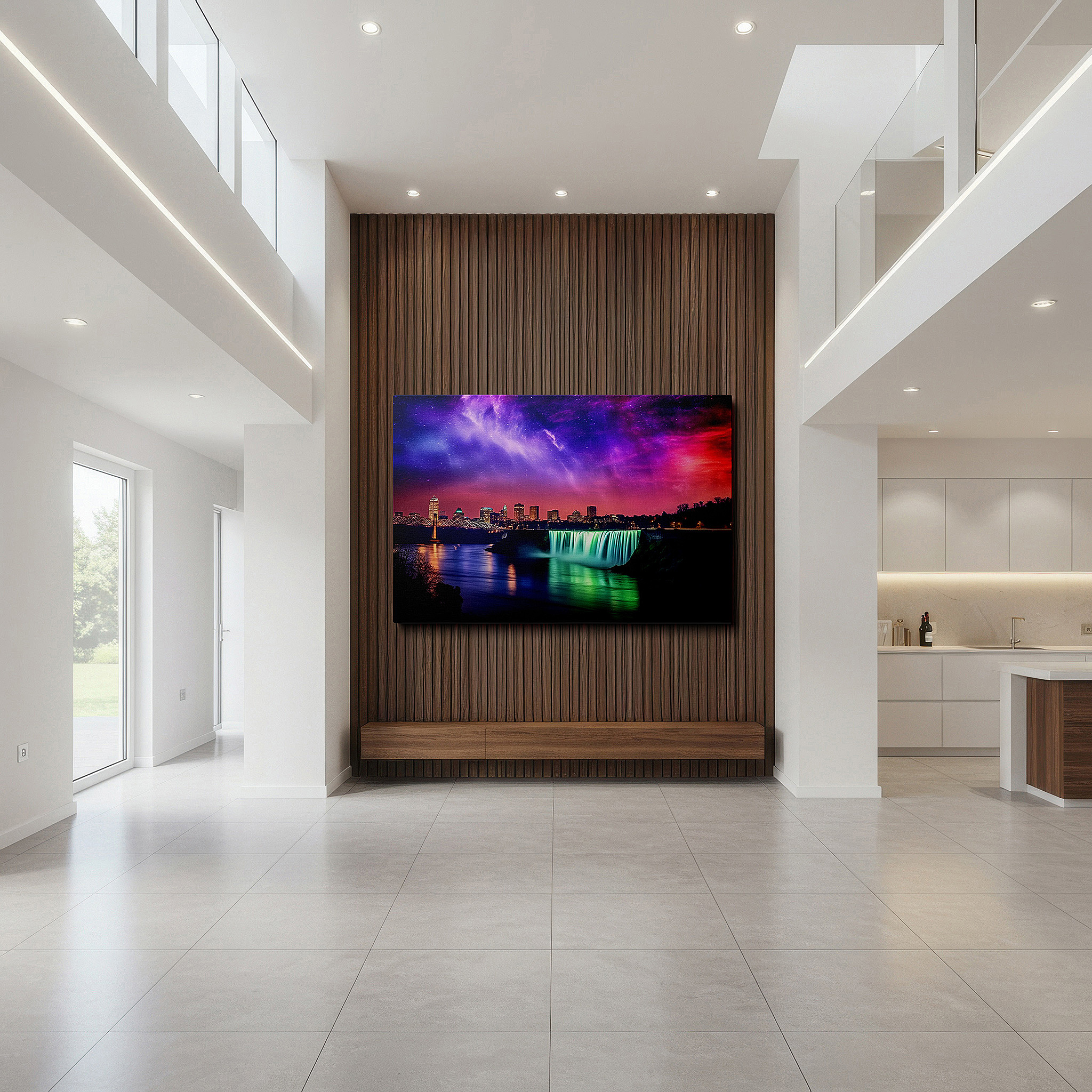 Close-up shows rich pigment, color blending, and brushwork texture — twilight urban nightscape with waterfall - where vibrant city life meets tranquil nature, large canvas wall art for home and office decor