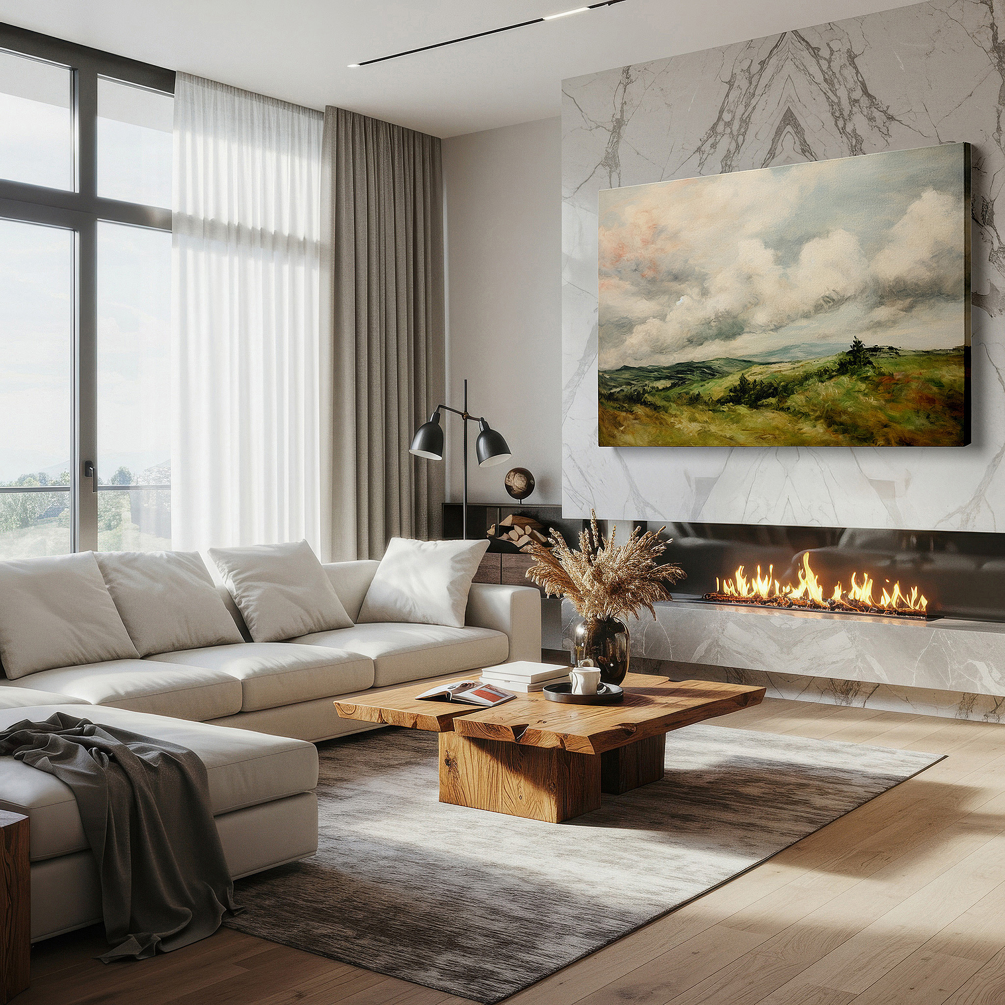 Close-up shows rich pigment, color blending, and brushwork texture — verdant hills and dynamic skies: a harmonious display of nature's splendor - large wall art, canvas wall art, wall decor for office