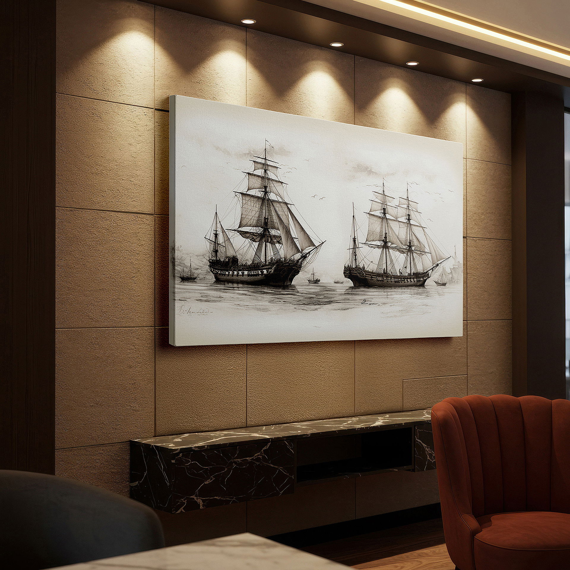 Close-up shows rich pigment, color blending, and brushwork texture — vintage sailing ships on tranquil waters under pastel skies wall art, large canvas decor for office and bedroom
