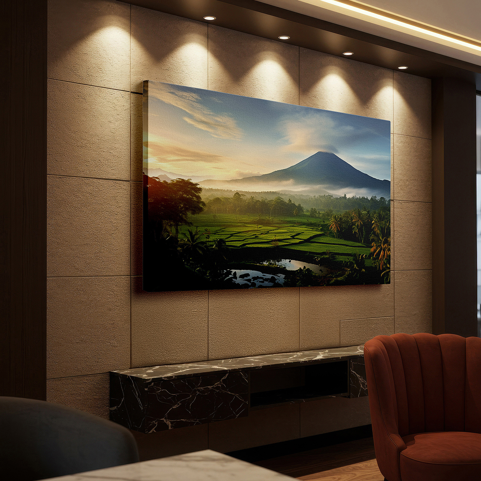 Close-up shows rich pigment, color blending, and brushwork texture — volcanic dawn majesty: lush landscapes and golden light large canvas wall art for home and office decor