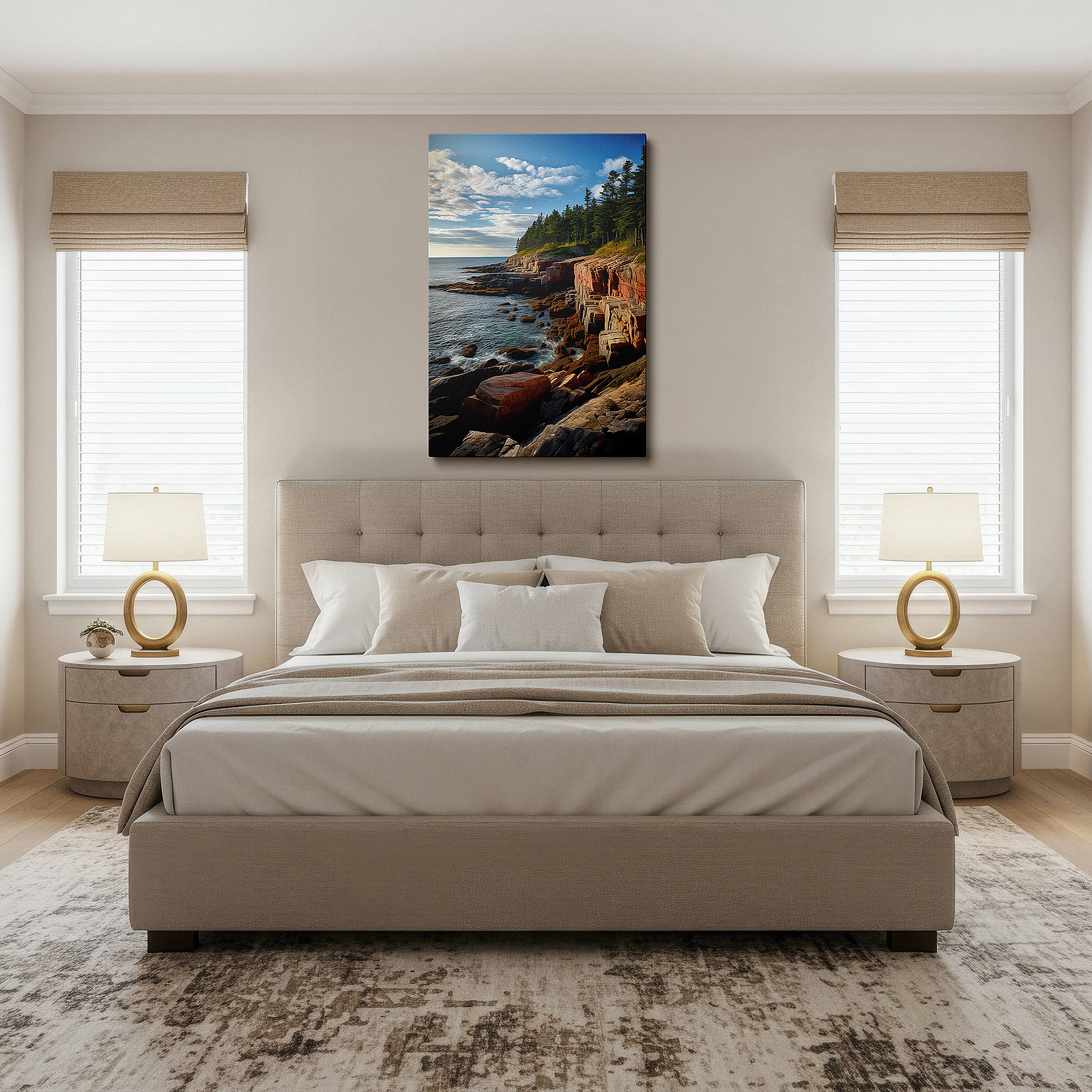 Close-up shows rich pigment, color blending, and brushwork texture — wall art: stunning interplay of earth and water, coastal rocks with lush forests large canvas art, home and office decor, bedroom wall art