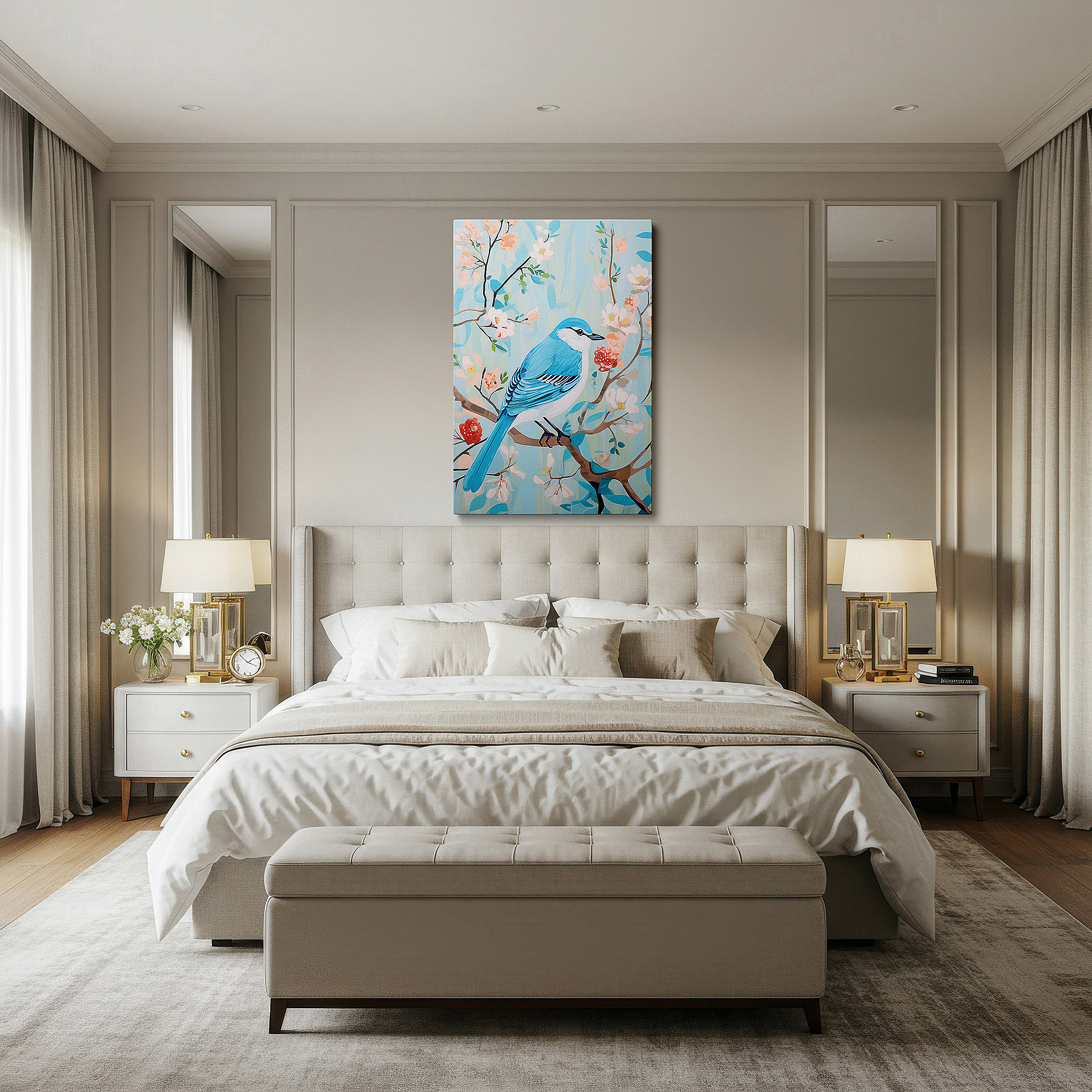 Close-up shows rich pigment, color blending, and brushwork texture — wall art: tranquil nature scene featuring a blue bird on a flower-filled branch - large canvas wall art for office and bedroom decor