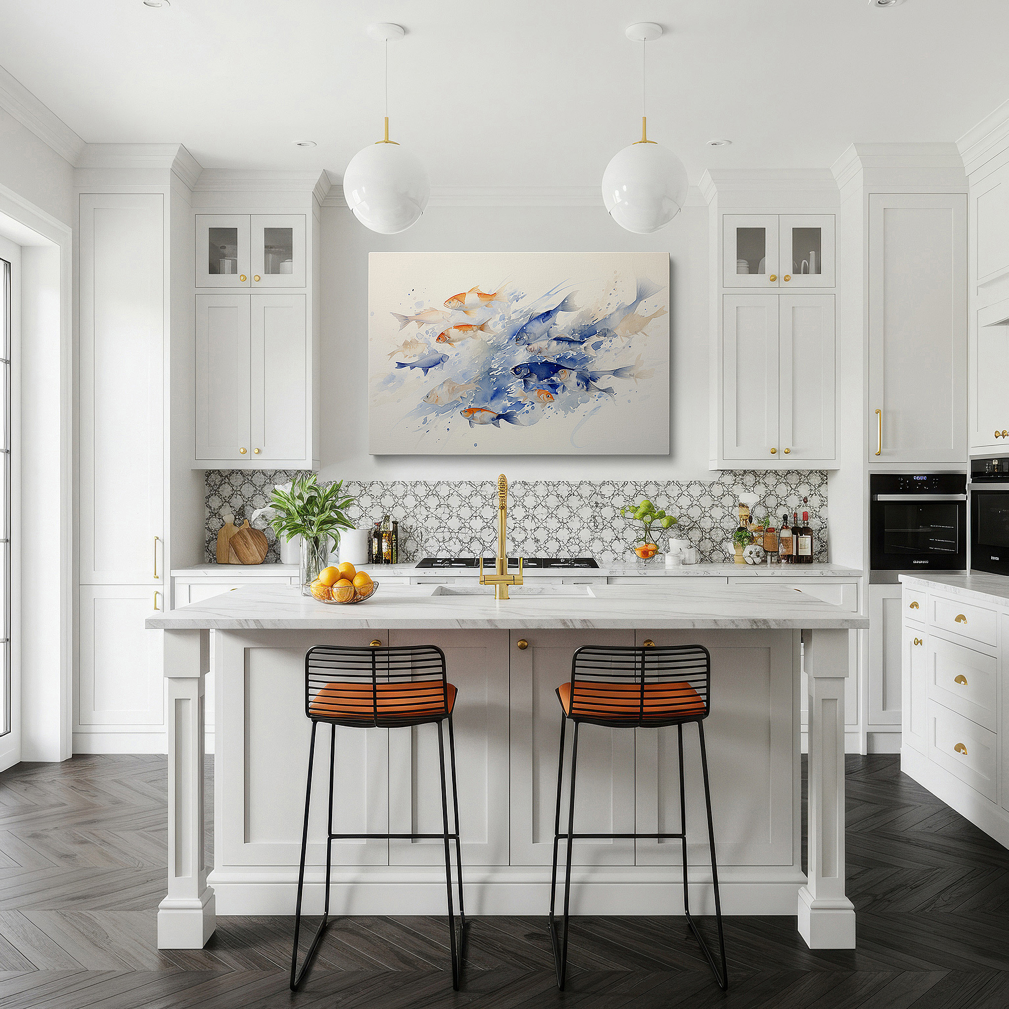 Close-up shows rich pigment, color blending, and brushwork texture — whimsical goldfish dancing among abstract waves in blue, orange, and white - large canvas wall art for office and bedroom decor