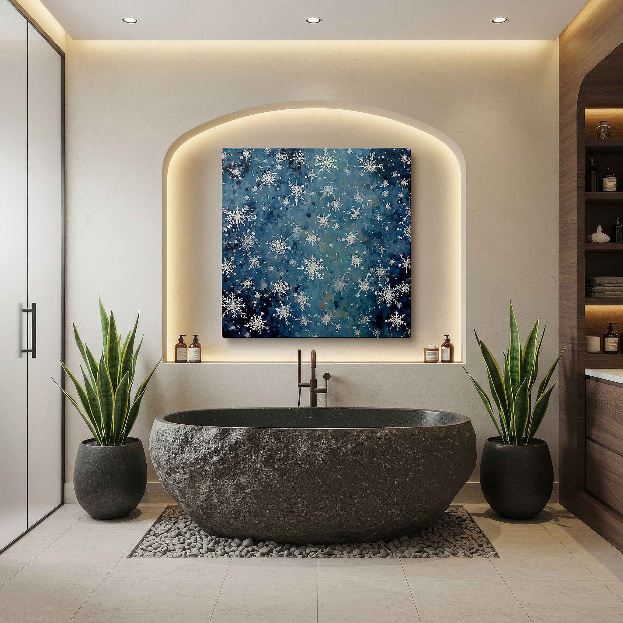 Close-up shows rich pigment, color blending, and brushwork texture — winter's embrace: a serene dance of snowflakes against the deep blue night - large canvas wall art for office and bedroom decor