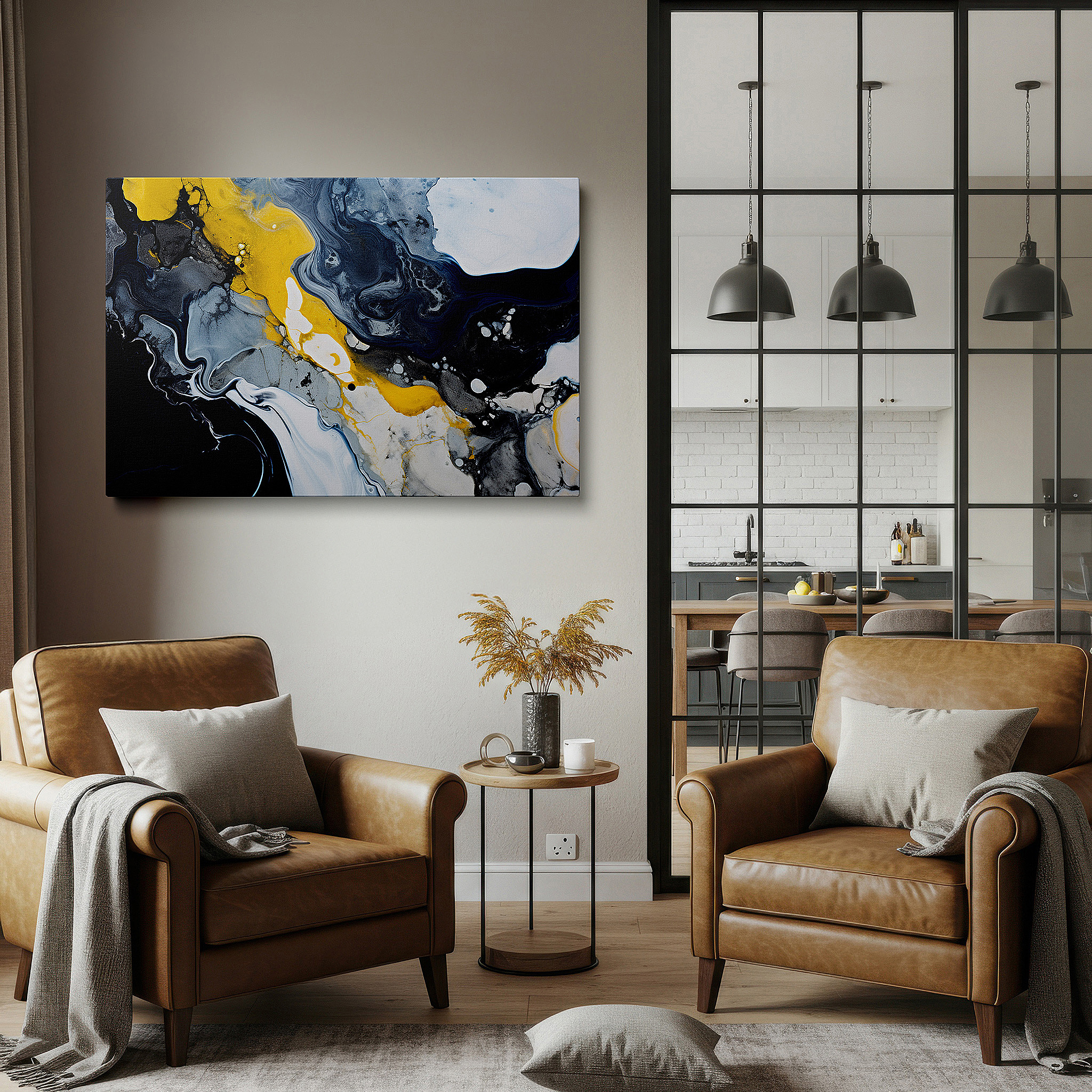 Displayed above a contemporary leather sofa in warm light — abstract composition featuring dynamic interplay of yellow, grey, and black - large canvas wall art for office and bedroom decor
