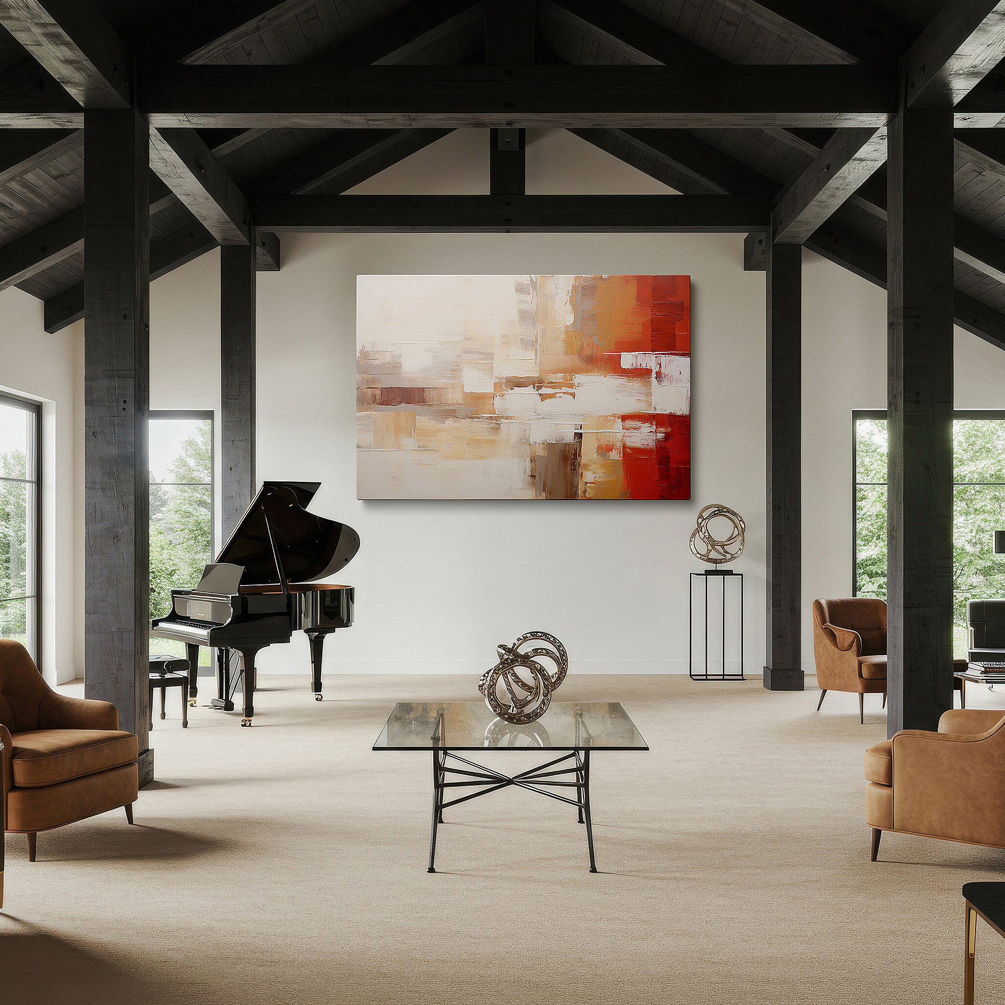 Displayed above a contemporary leather sofa in warm light — abstract harmony in earthy tones and textures: large canvas wall art for office, bedroom, and living room decor