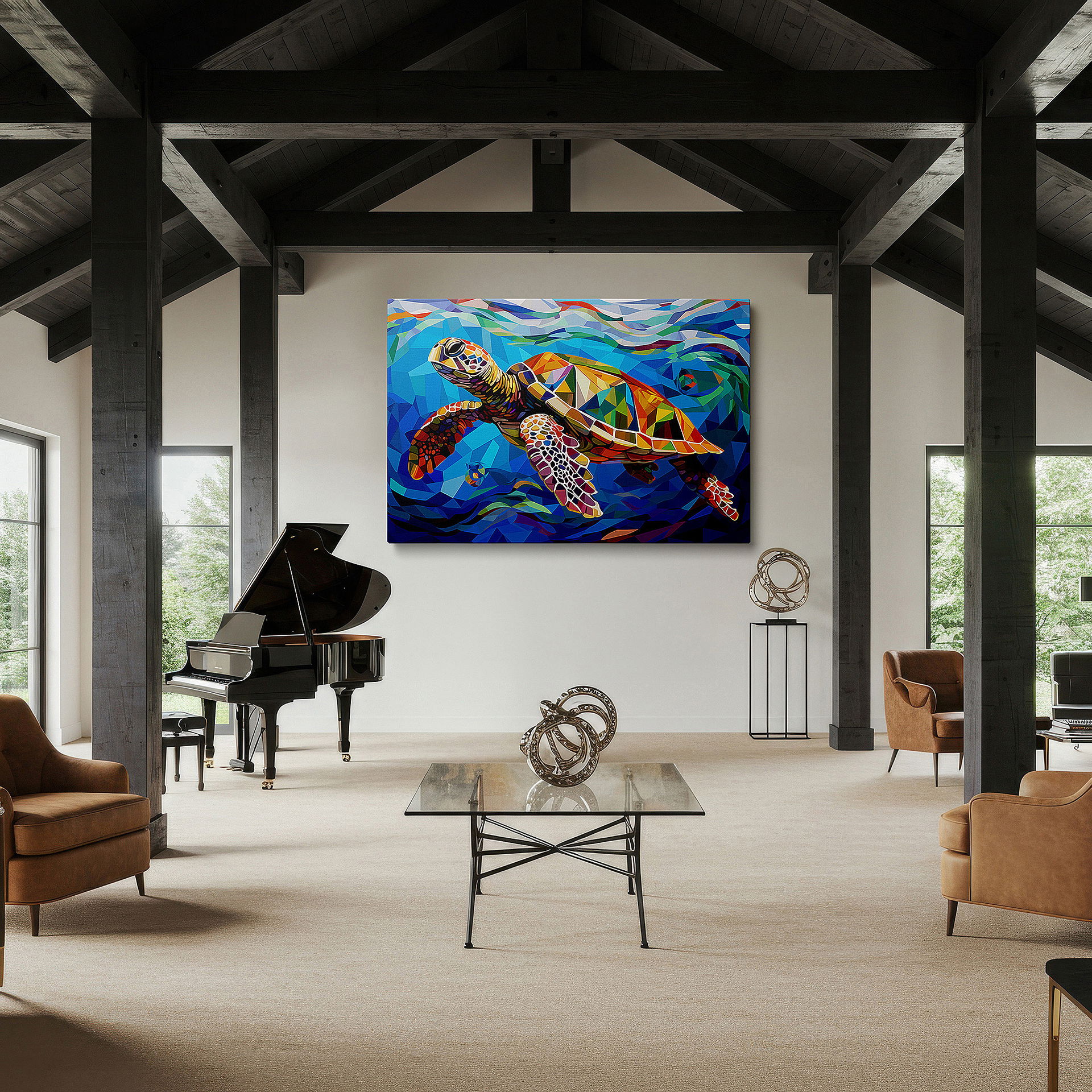 Displayed above a contemporary leather sofa in warm light — abstract sea turtle odyssey in ocean depths: a colorful homage to marine life and conservation - large canvas wall art for office decor