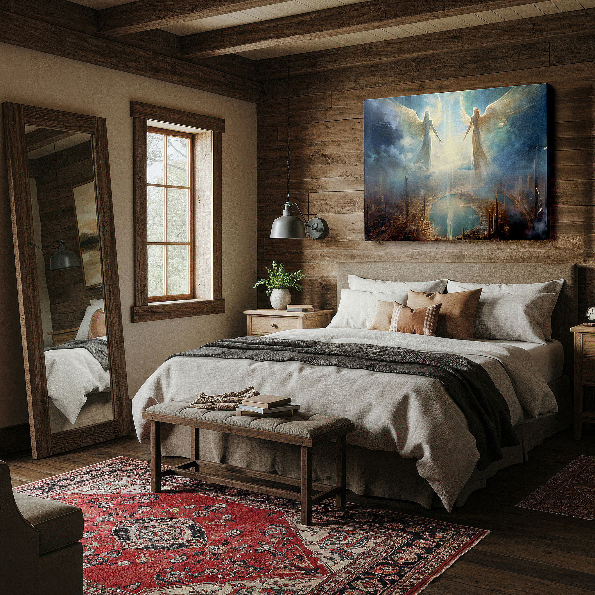 Displayed above a contemporary leather sofa in warm light — angelic figures bathed in radiant light above modern cityscape, symbolizing peace and optimism, large wall art, canvas wall art, wall decor for office
