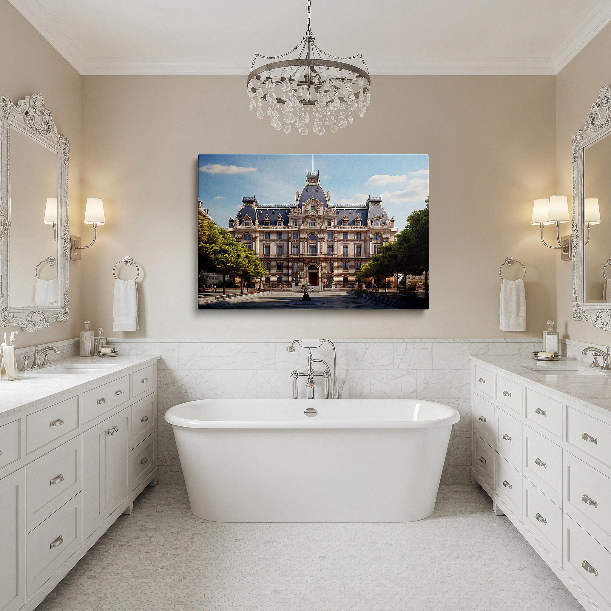 Displayed above a contemporary leather sofa in warm light — architectural majesty surrounded by lush greenery: large wall art, canvas wall art, wall decor for office, bedroom, and living room