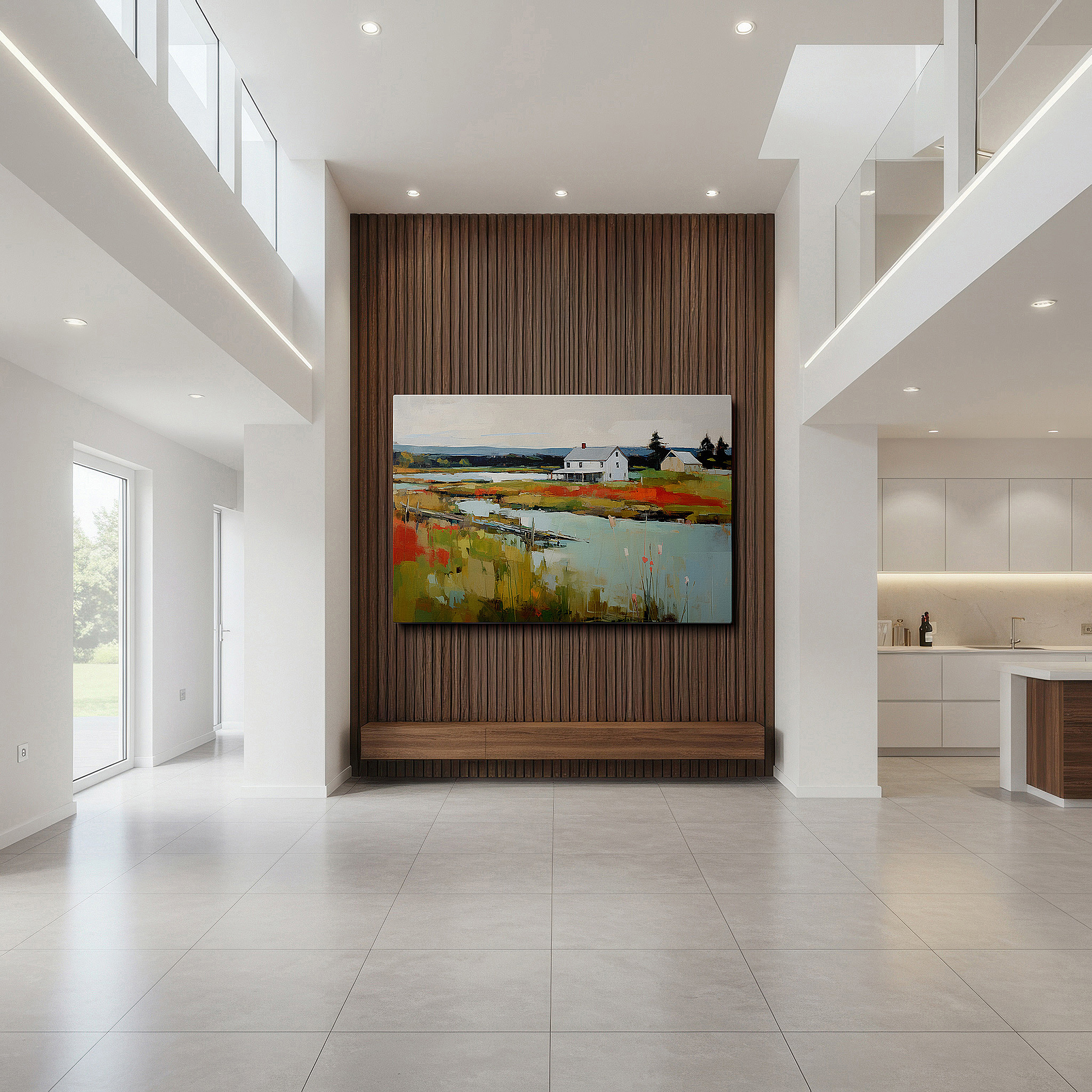Displayed above a contemporary leather sofa in warm light — autumn's tranquil reflections: timeless rural escape - large canvas wall art for office and bedroom decor