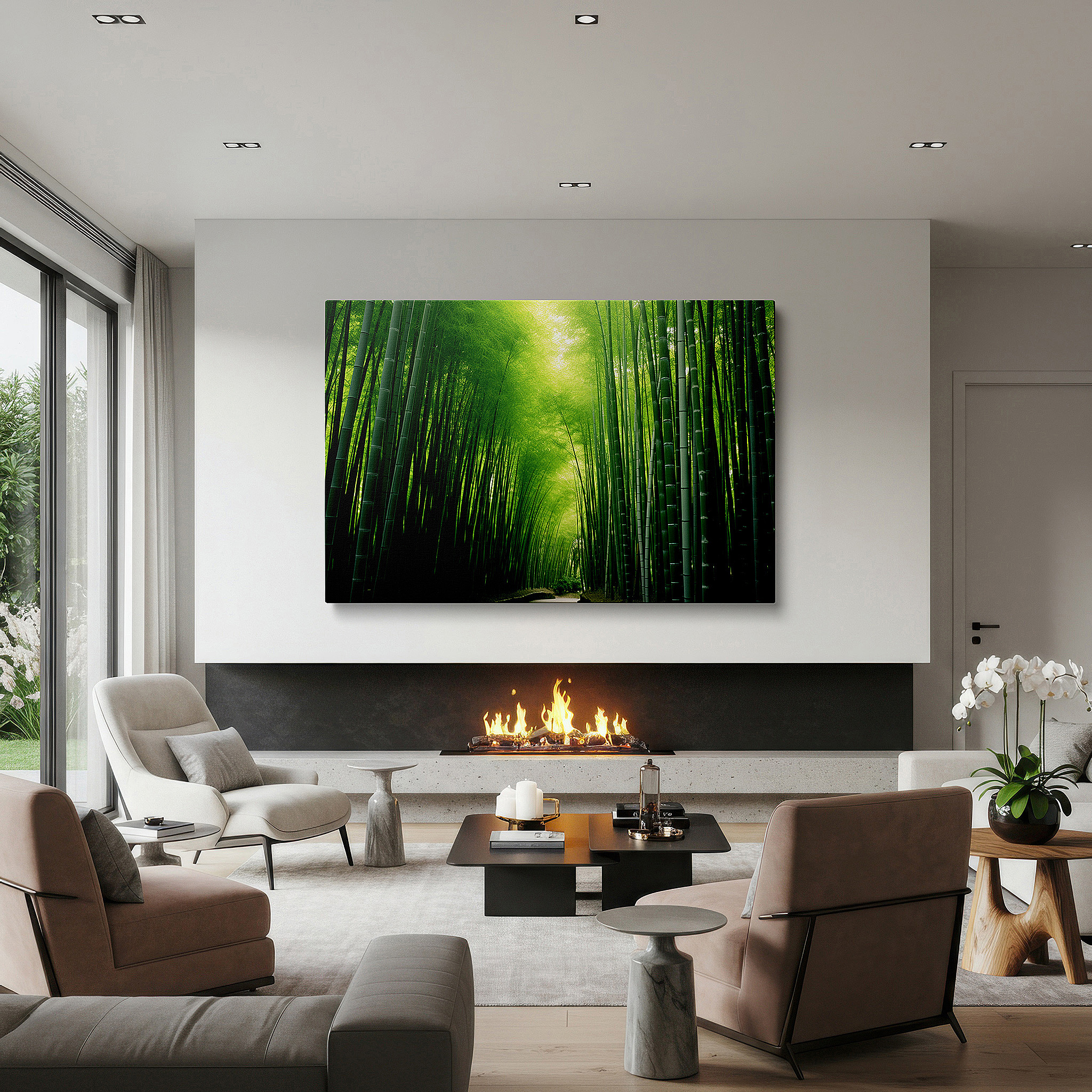 Displayed above a contemporary leather sofa in warm light — bamboo grove wall art: tranquil pathway design for serene reflections - large canvas art for home and office decor, ideal for living room and bedroom