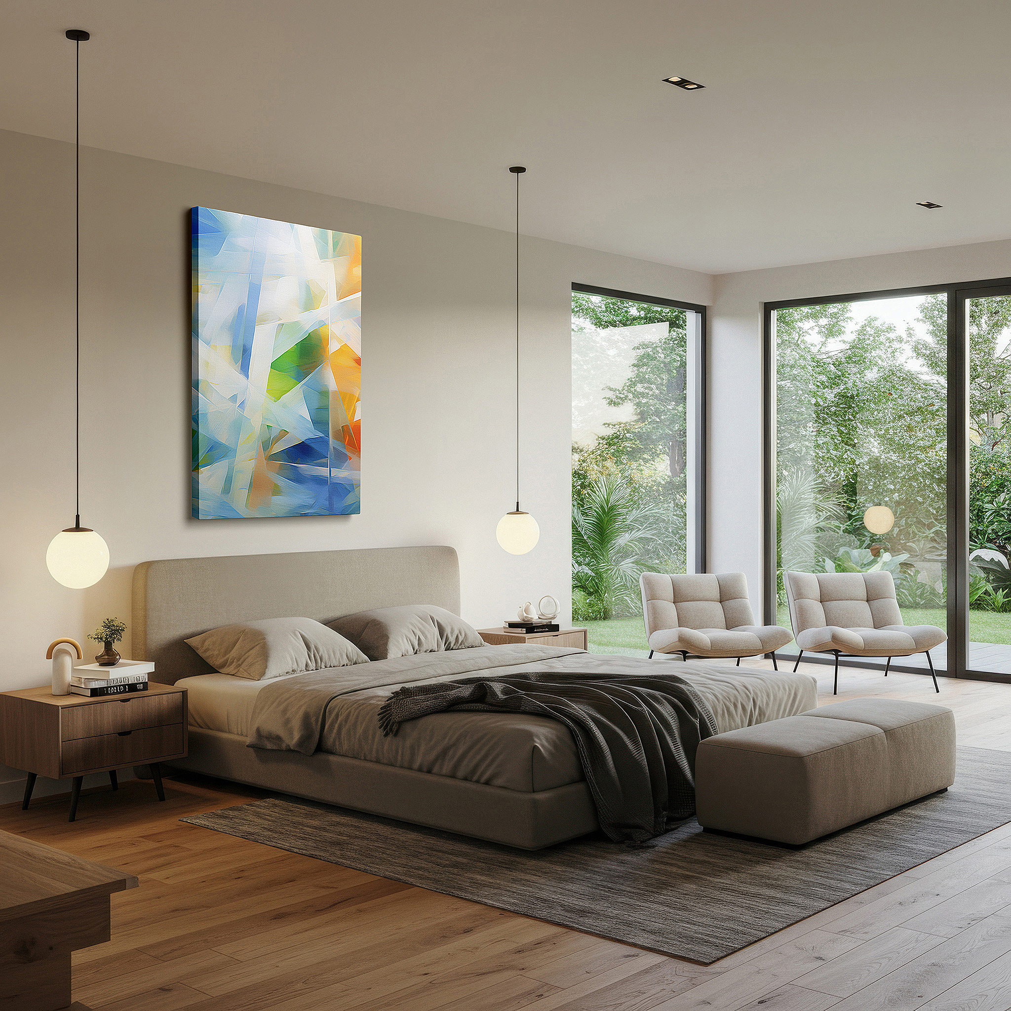 Displayed above a contemporary leather sofa in warm light — a celebration of human creativity and emotion: vibrant colors and geometric shapes in large wall art, canvas wall art, and office wall decor