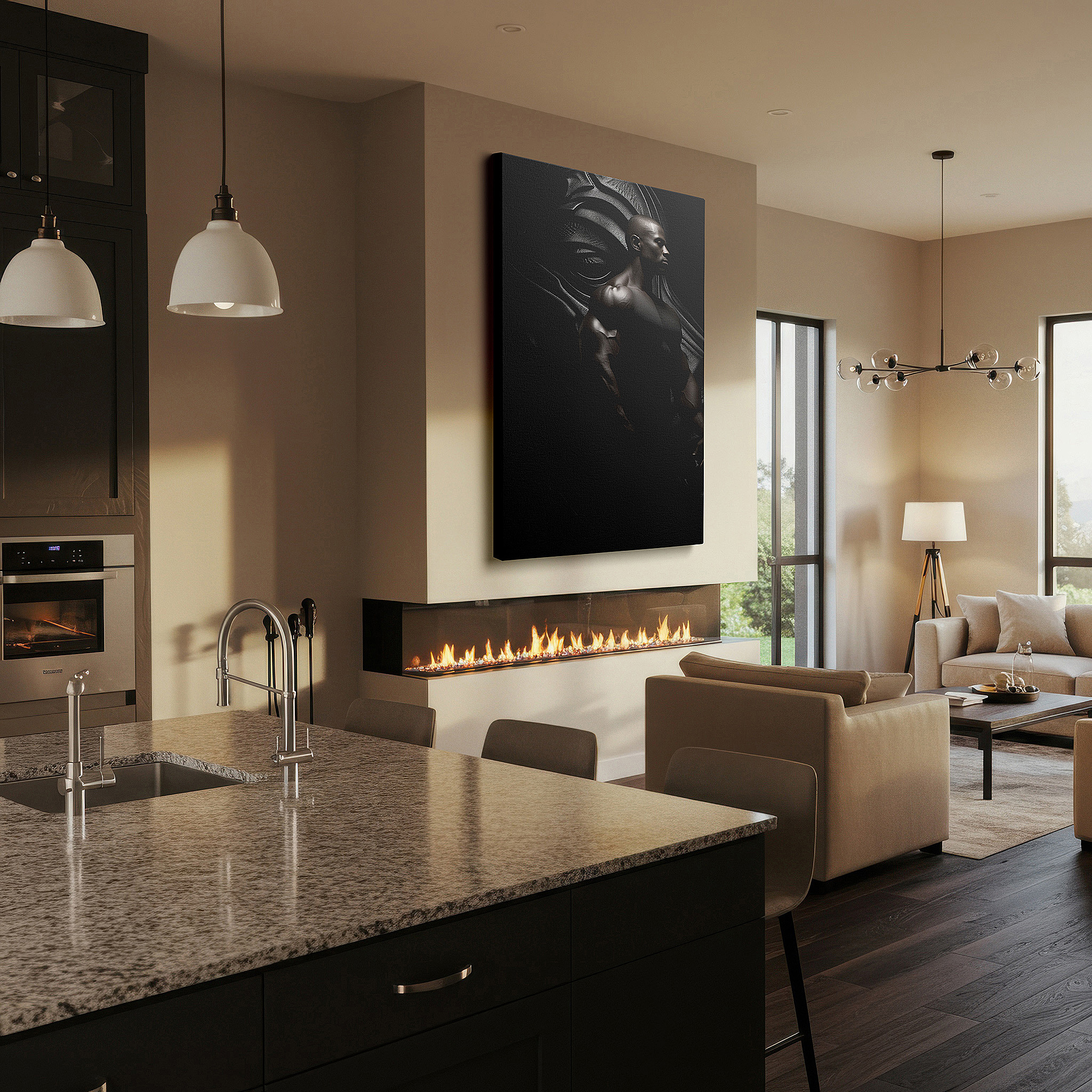 Displayed above a contemporary leather sofa in warm light — chiaroscuro muscular figure: a bold expression of strength and contemplation - large wall art, canvas wall art, wall decor for office and bedroom