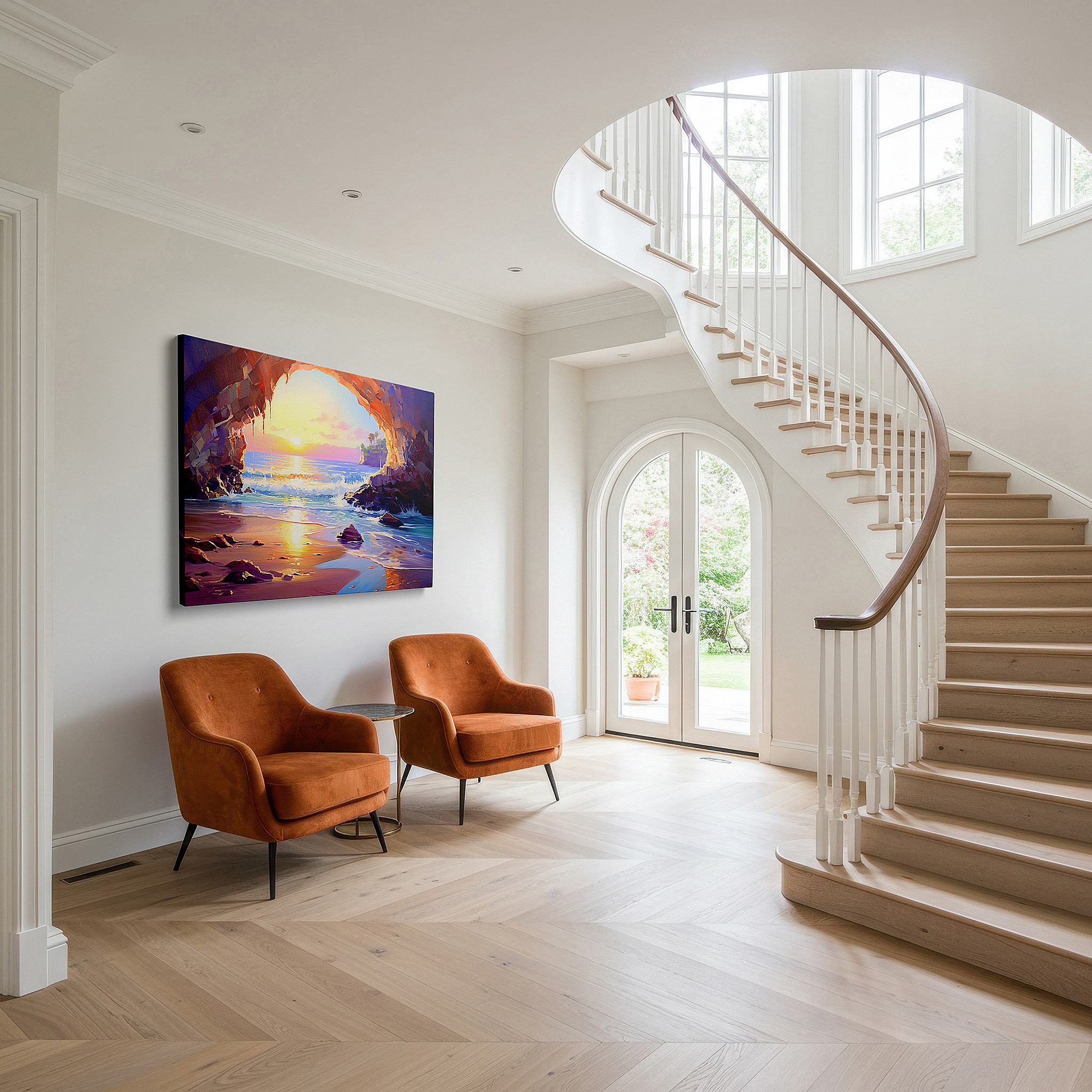 Displayed above a contemporary leather sofa in warm light — coastal cavern's golden glow: majestic archway where ocean meets rock - large canvas wall art for office and bedroom decor