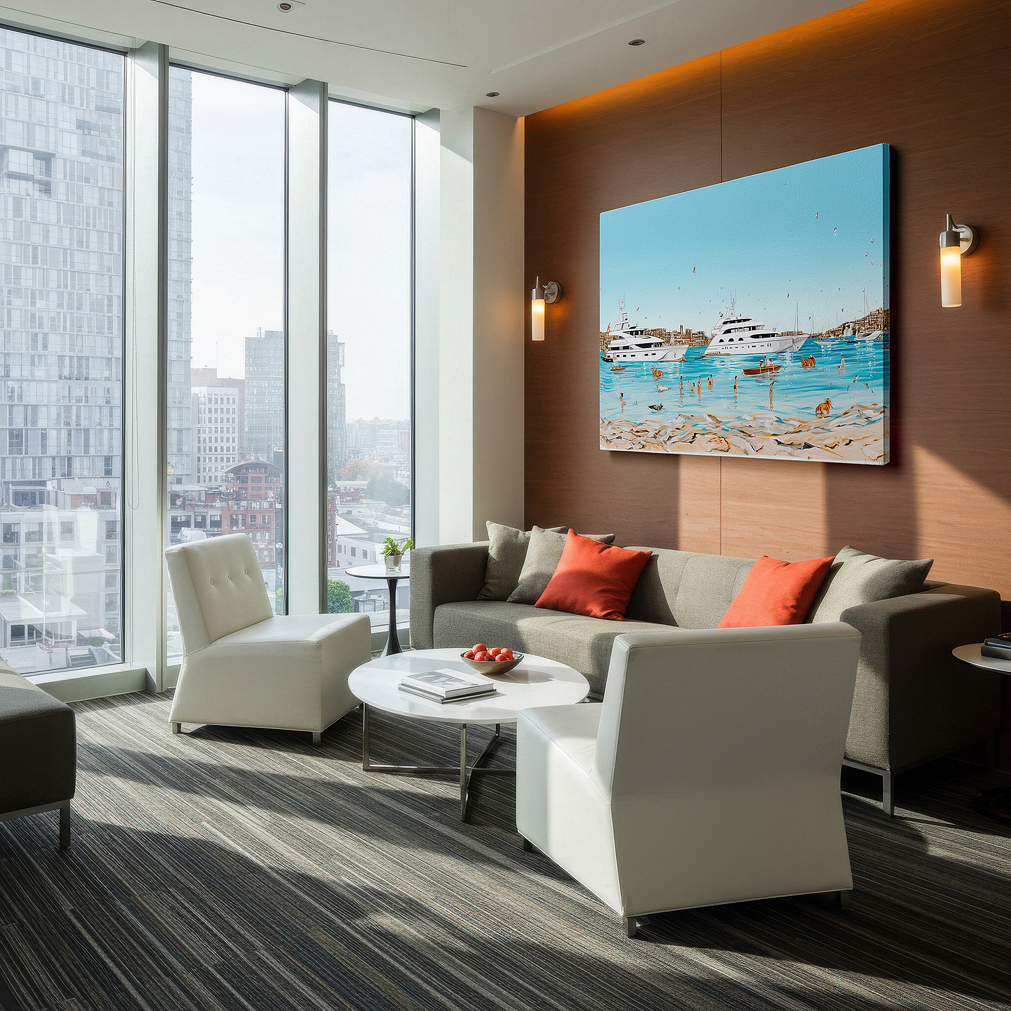 Displayed above a contemporary leather sofa in warm light — coastal vibrance: celebrating summer joy and seaside leisure - large wall art for bedrooms and offices