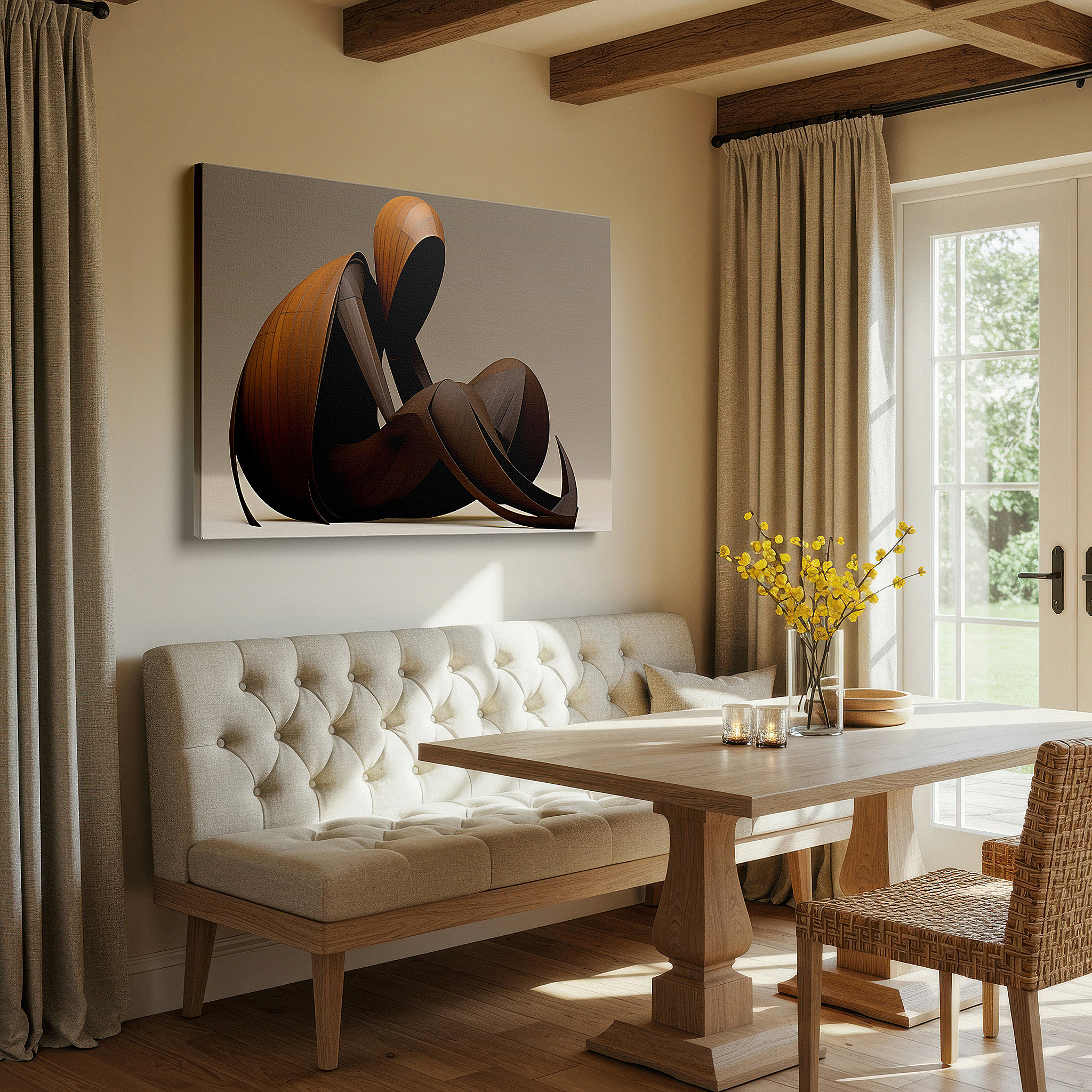 Displayed above a contemporary leather sofa in warm light — contemplative seated figure with abstract textures and muted tones - large canvas wall art for office decor