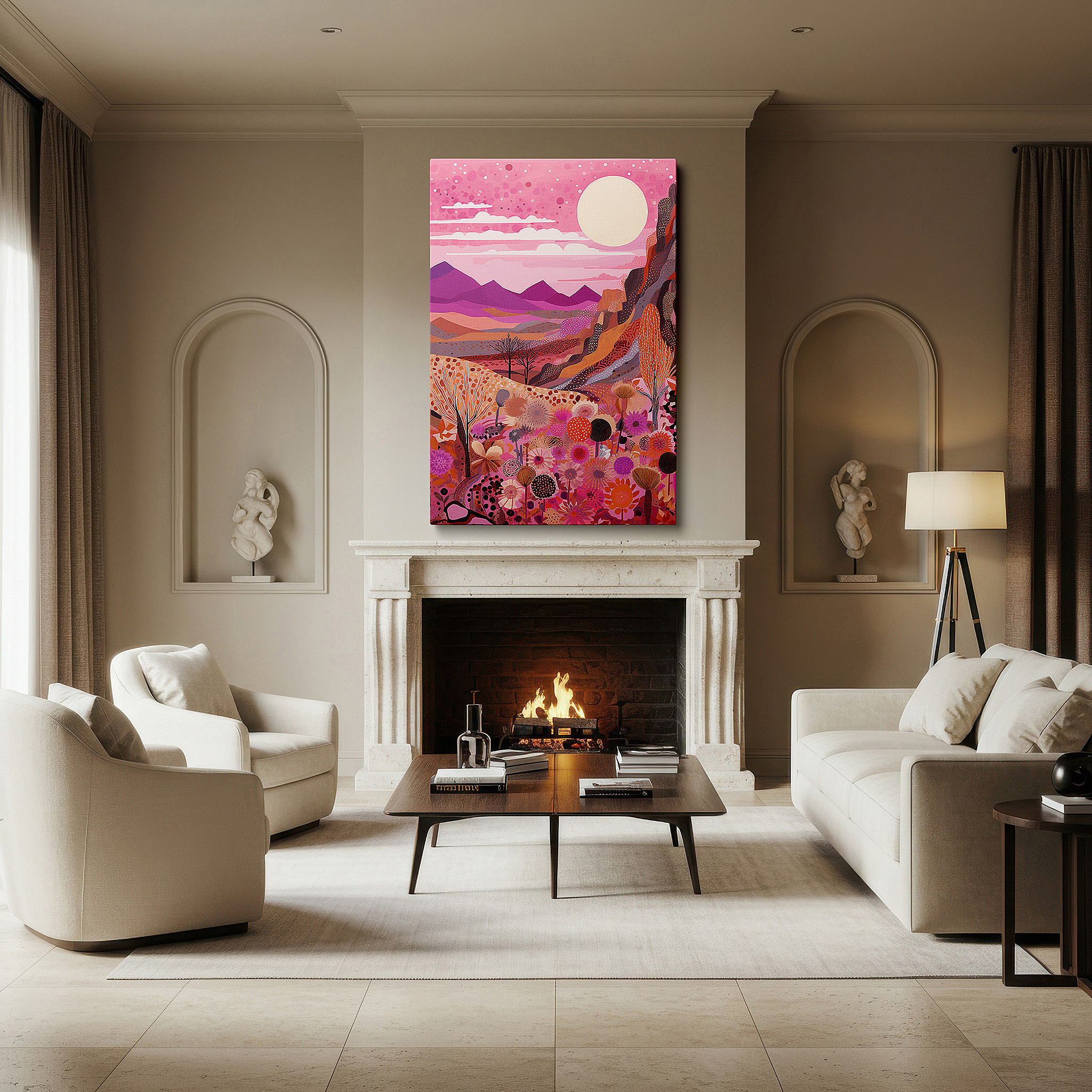 Displayed above a contemporary leather sofa in warm light — desert sunset: a vibrant fusion of realism and fantasy - large canvas wall art for office and bedroom decor