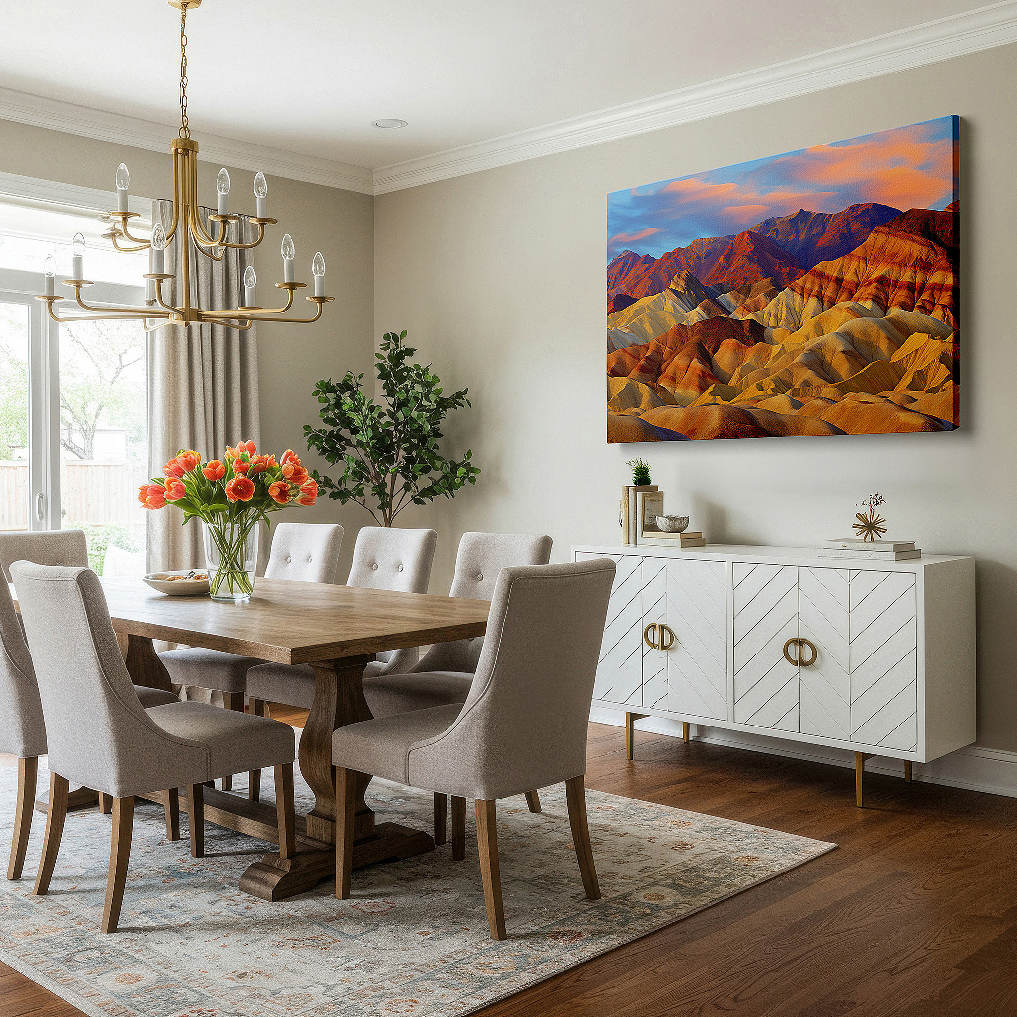 Displayed above a contemporary leather sofa in warm light — desert twilight embrace - stunning landscape with rolling hills and majestic mountains, large canvas wall art decor