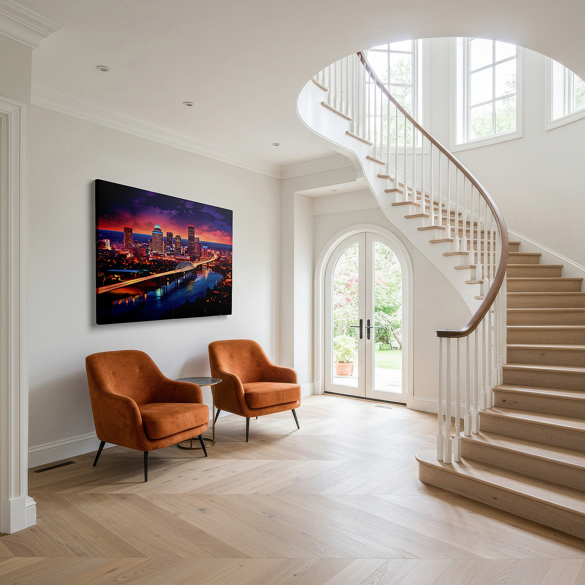 Displayed above a contemporary leather sofa in warm light — dusk in the vibrant city: illumination, architecture, and urban vitality - large canvas wall art for office and bedroom decor