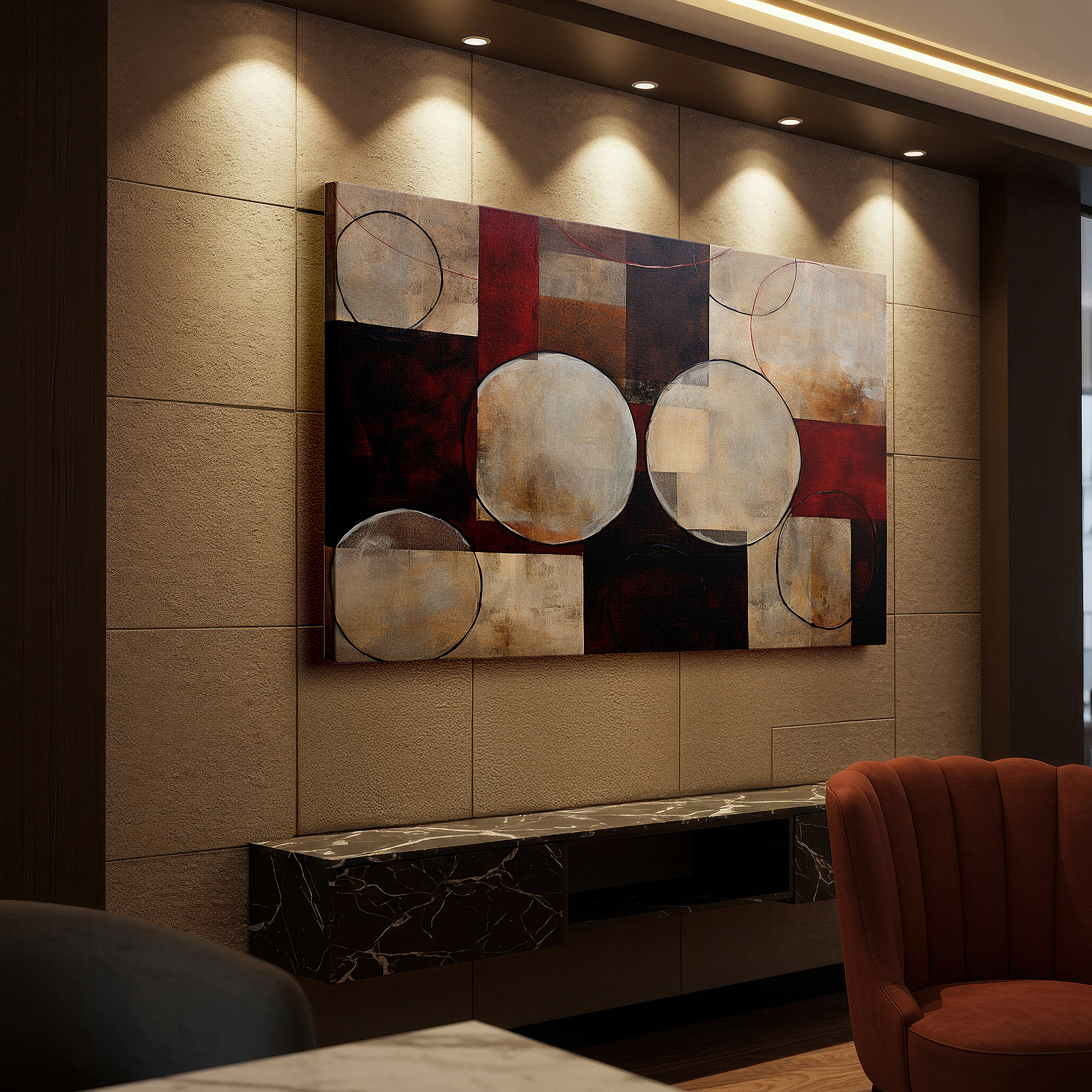 Displayed above a contemporary leather sofa in warm light — dynamic abstract centerpiece: geometric precision and chromatic boldness - large canvas wall art for office decor