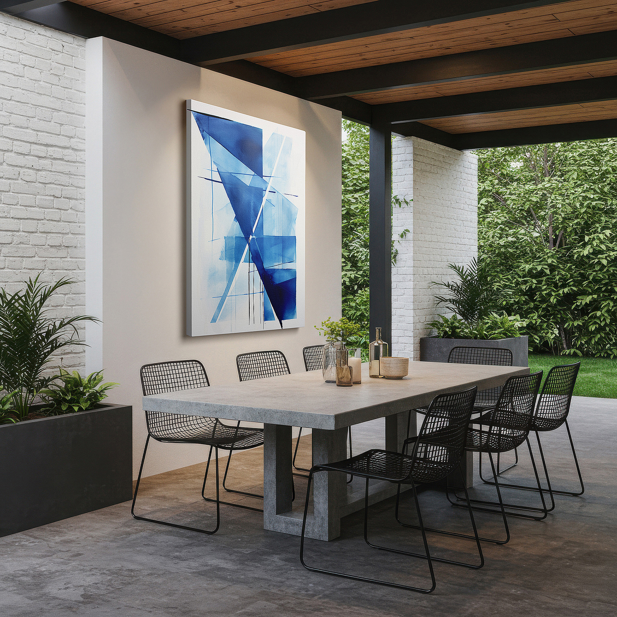 Displayed above a contemporary leather sofa in warm light — dynamic blue abstract: a fusion of shapes and emotions in contemporary aesthetics - large wall art, canvas wall art, wall decor for office and bedroom