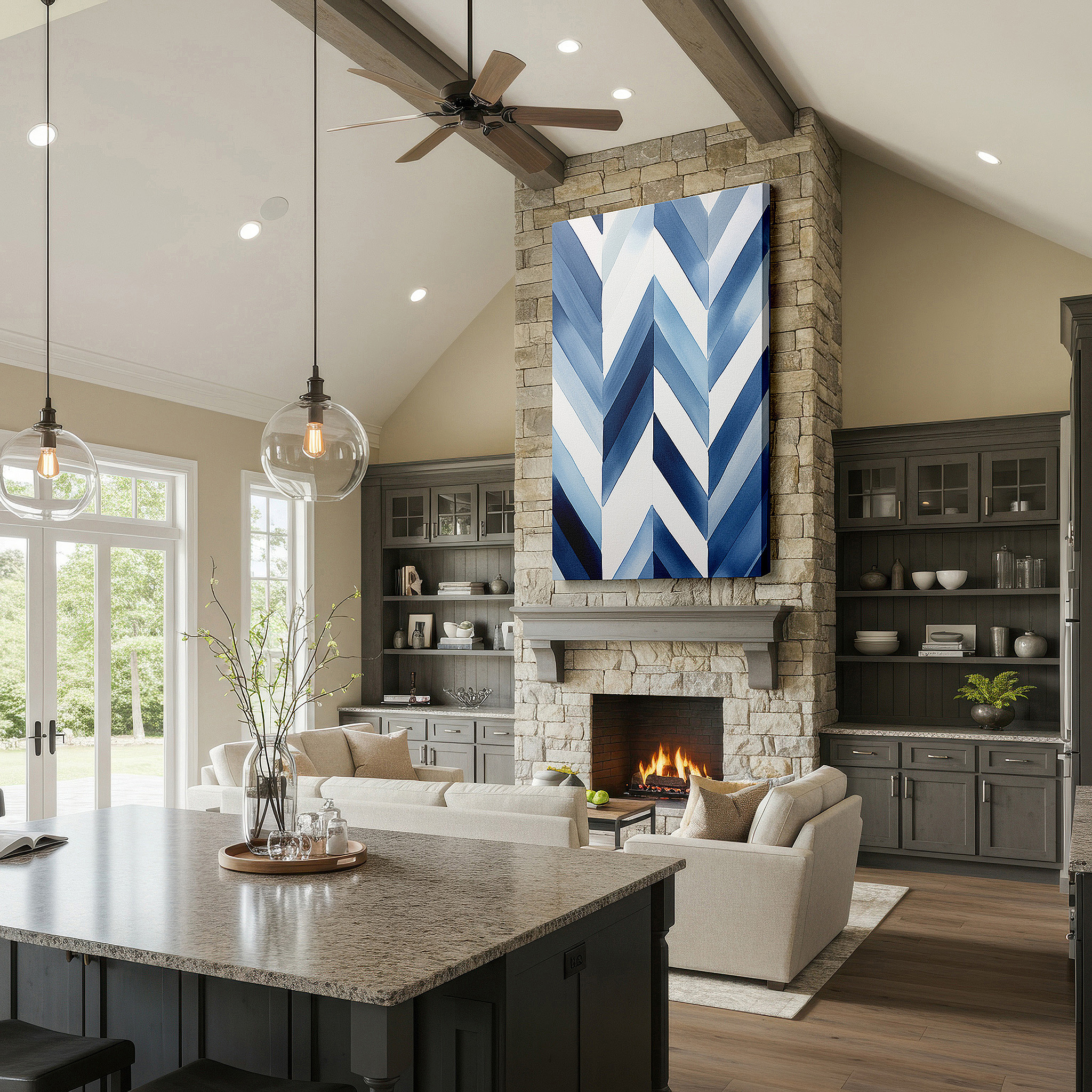 Displayed above a contemporary leather sofa in warm light — dynamic blue chevron patterns, contemporary abstract large wall art, canvas wall decor for office and bedroom