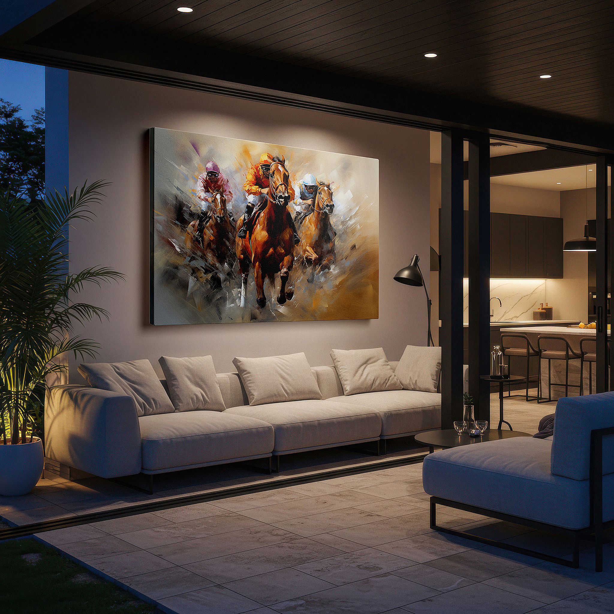 Displayed above a contemporary leather sofa in warm light — dynamic horse racing canvas: showcasing competition and energy, ideal for office, living room, or bedroom decor