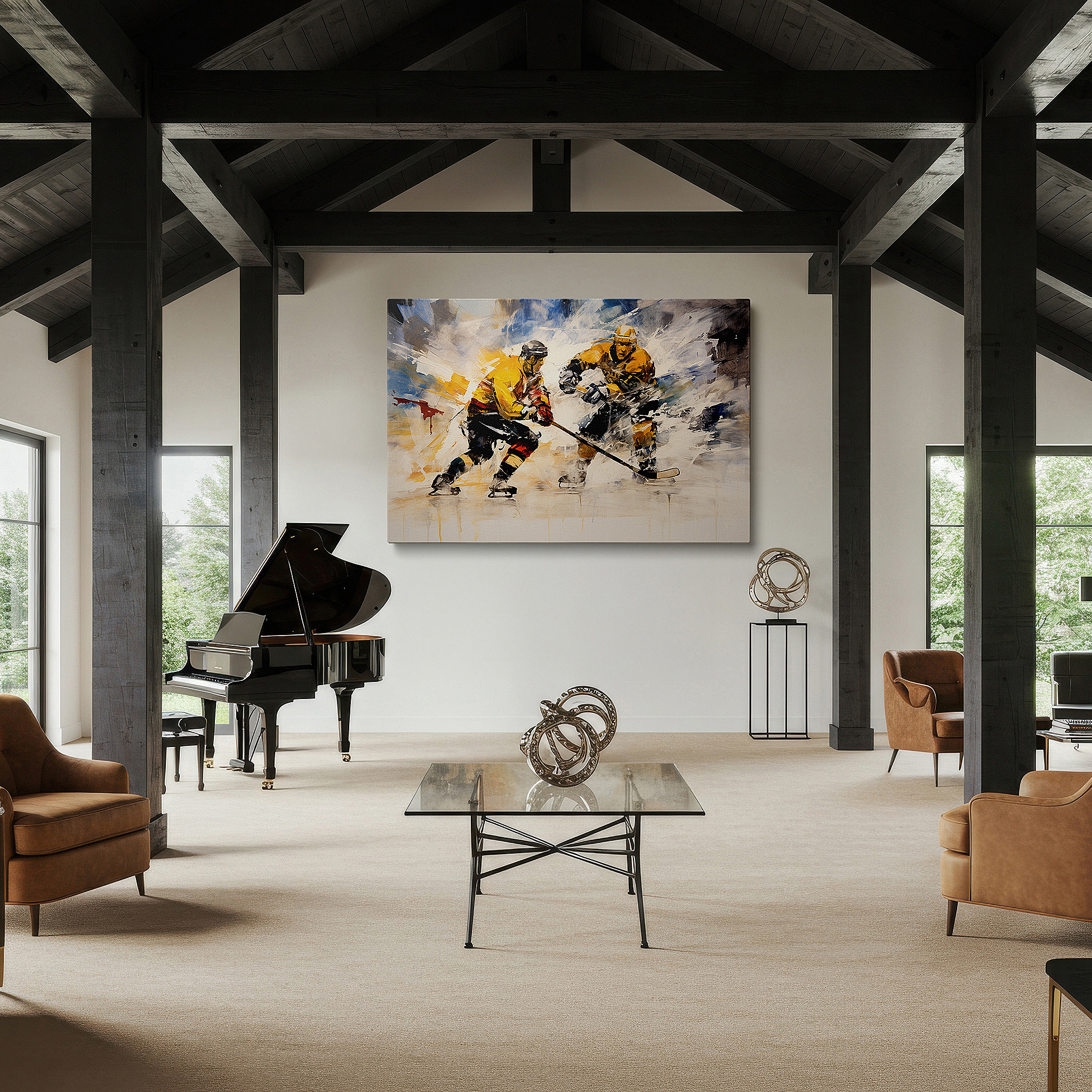 Displayed above a contemporary leather sofa in warm light — dynamic ice hockey showdown - large wall art featuring speed and strategy, canvas wall art, wall decor for office and bedroom