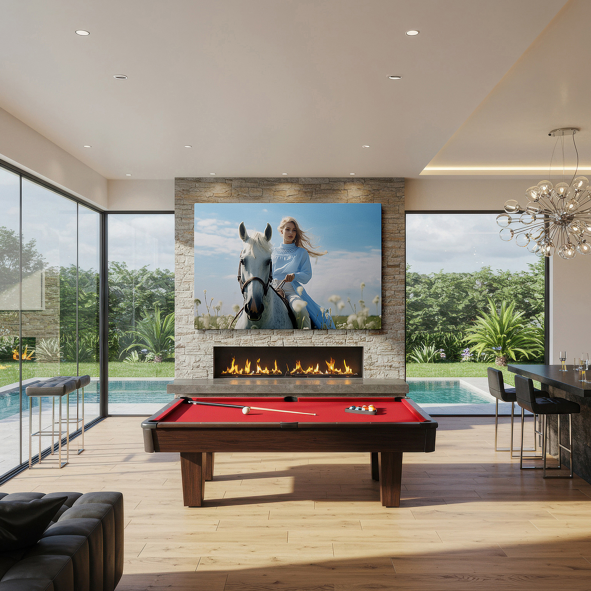 Displayed above a contemporary leather sofa in warm light — elegant lady and noble white horse in a wildflower meadow under a bright blue sky - large canvas wall art for home and office decor