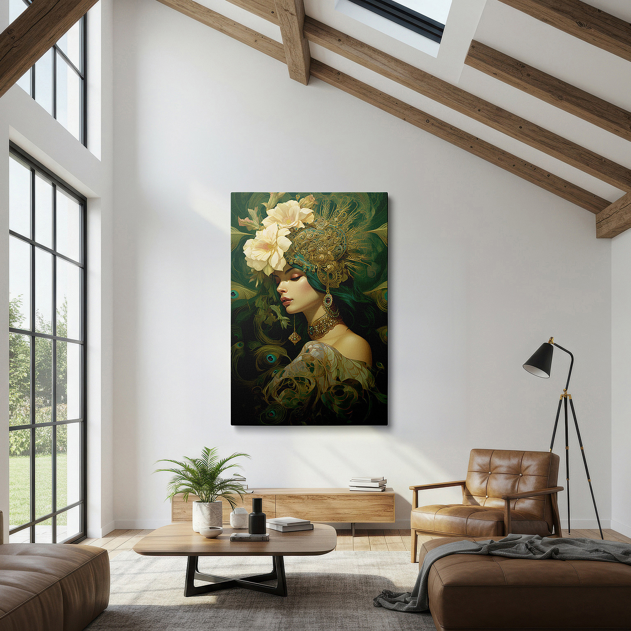 Displayed above a contemporary leather sofa in warm light — elegant and natural feminine grace: mysterious and beautiful large wall art, canvas wall art for home and office decor
